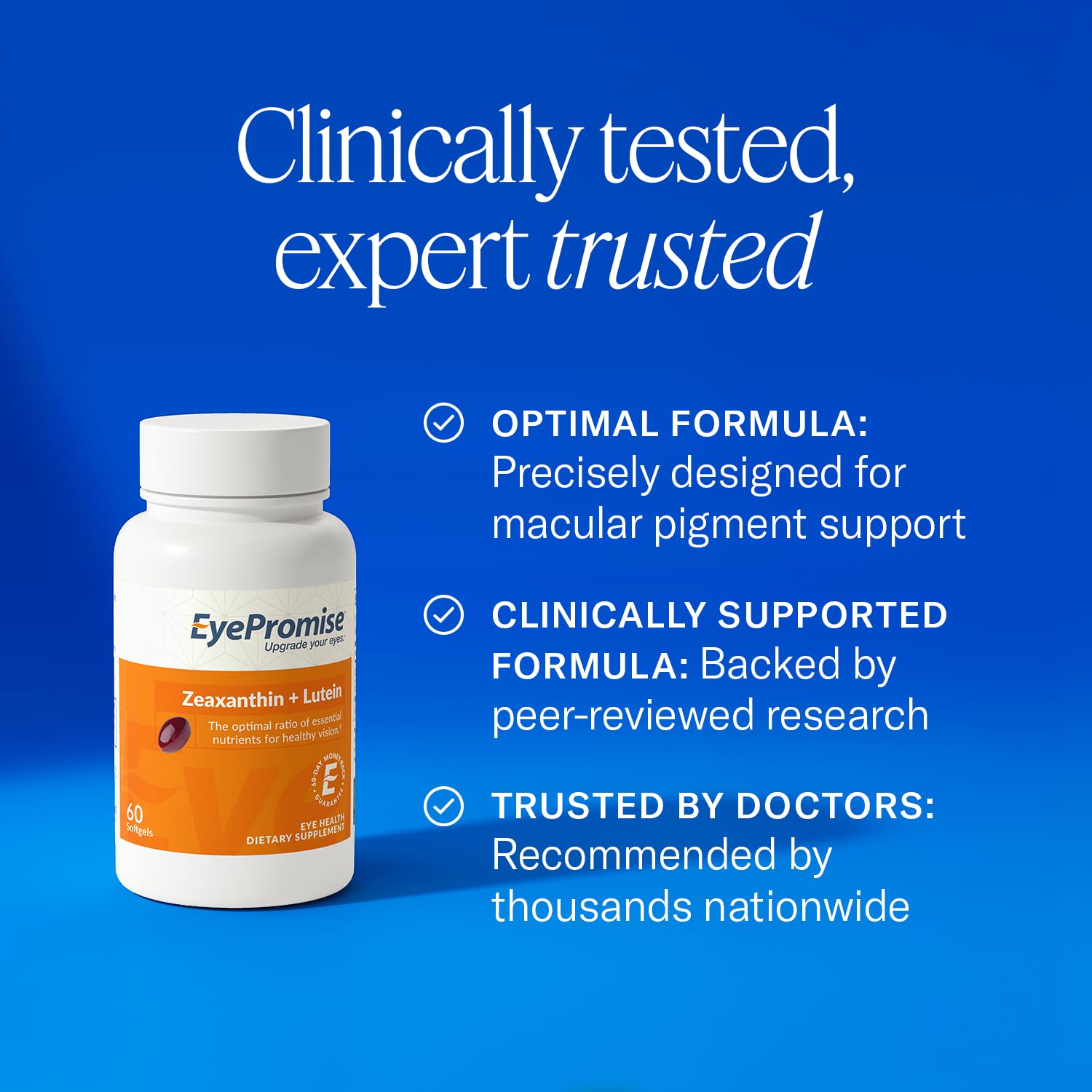 EyePromise Lutein + Zeaxanthin supplement on a wooden table