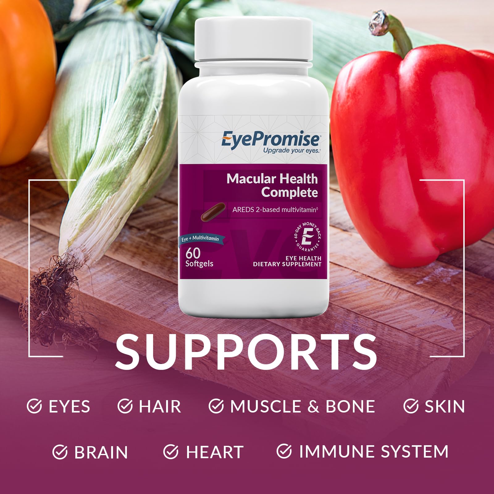 EyePromise Multi-Vitamin Plus Eye Health capsules in a bowl