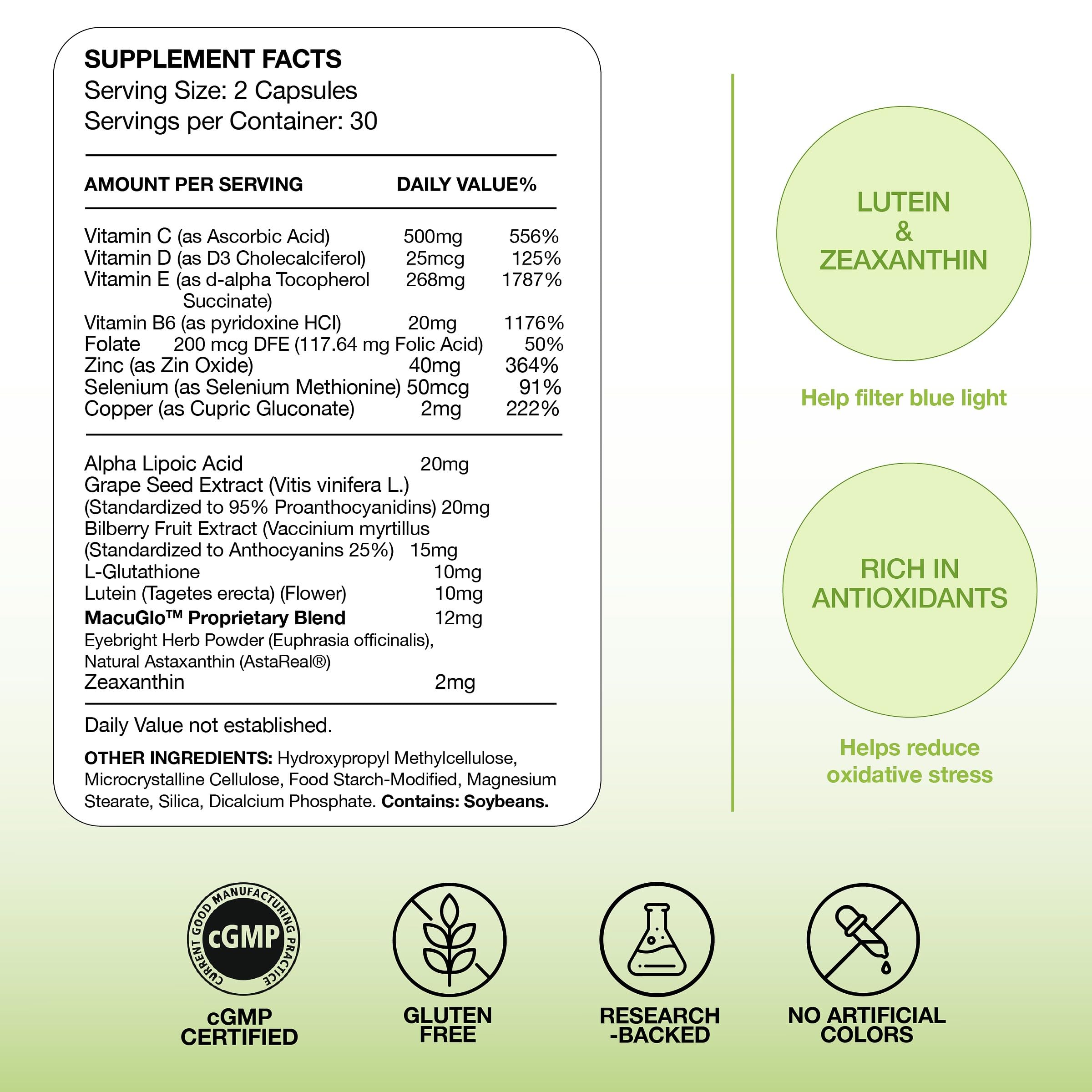 EyeScience Macular Health Antioxidant Supplement lifestyle scene with healthy foods
