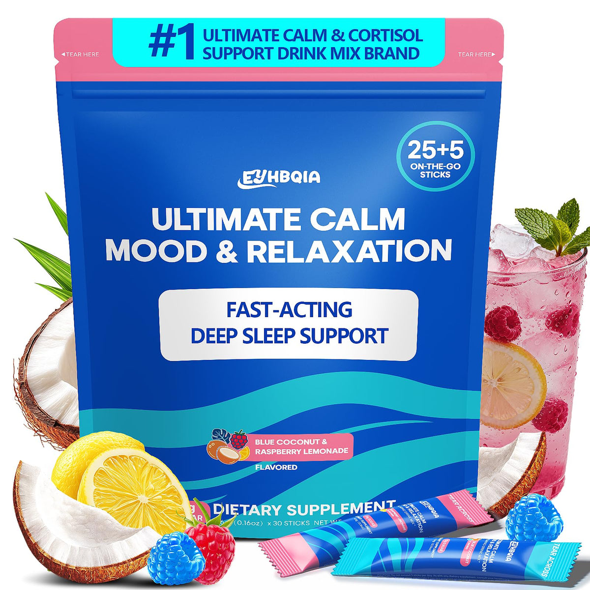 EYHBQIA Calm Magnesium Powder packaging with Raspberry Lemonade flavour