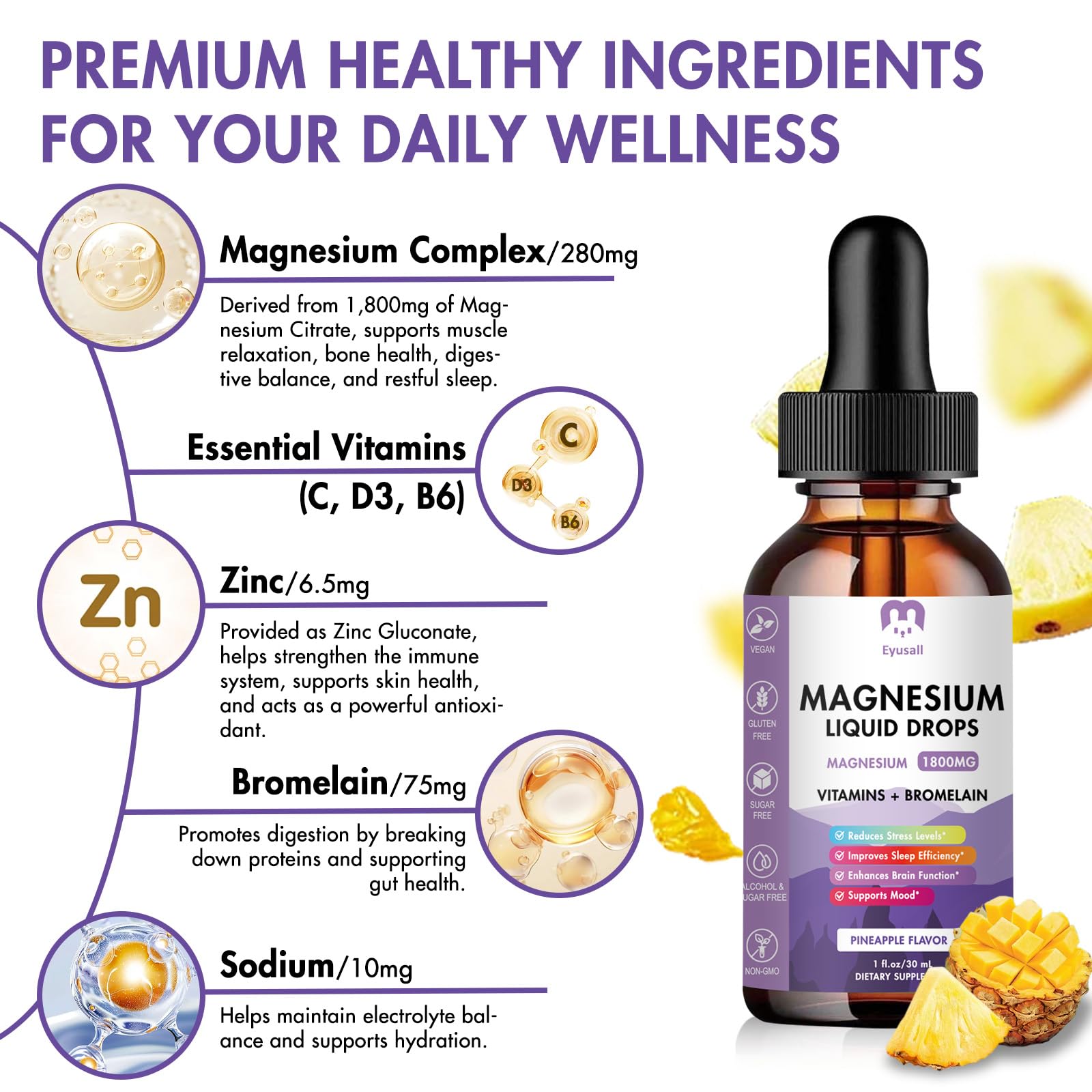 Eyusall Magnesium Glycinate Liquid 1800mg bottle with pineapple flavour