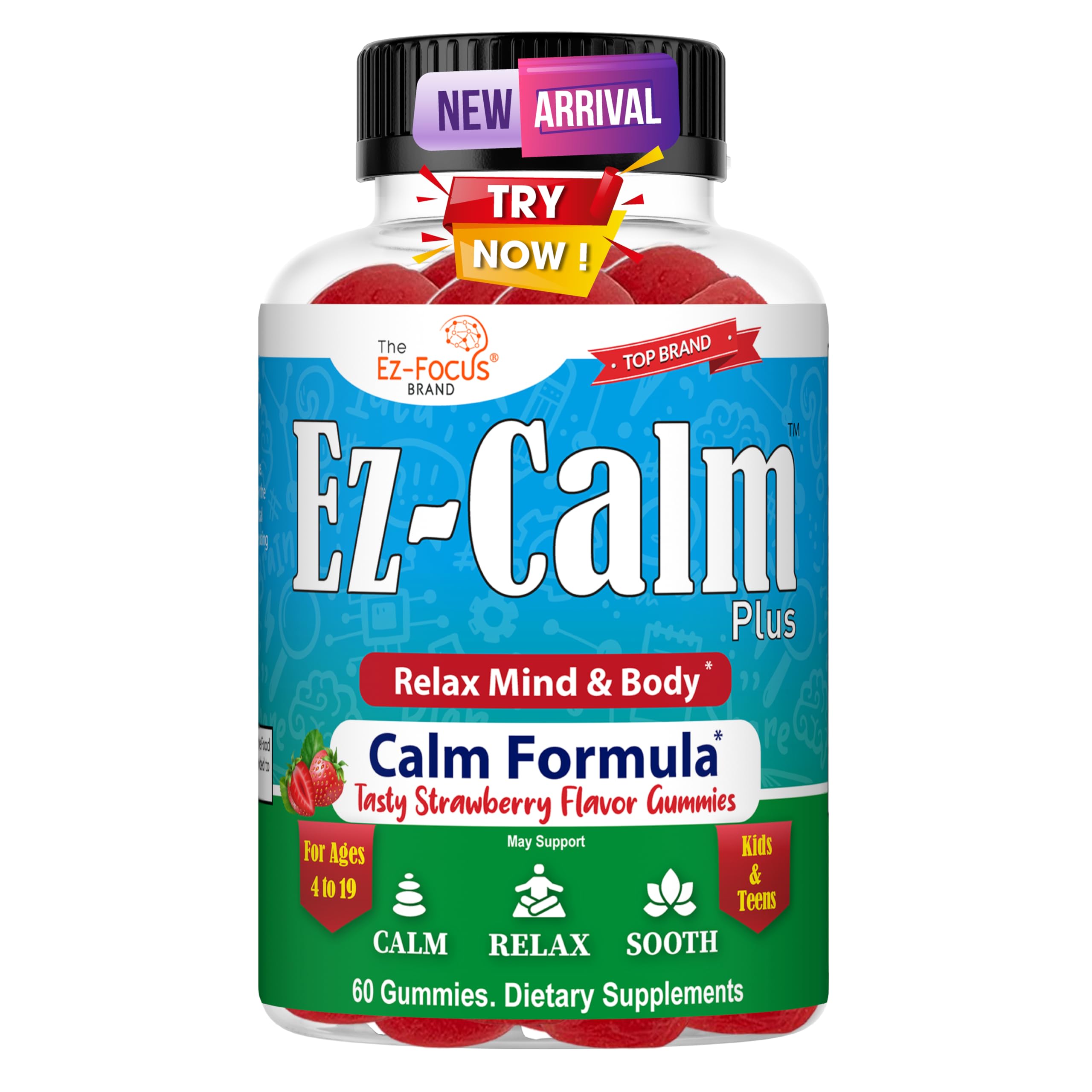 Ez-Focus Calming Ashwagandha Gummies 60 Count front view
