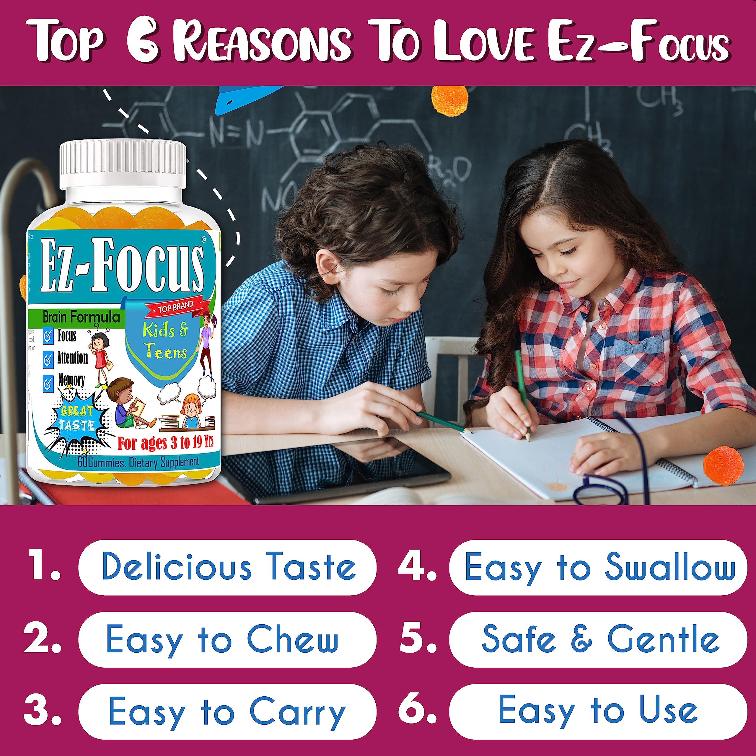 Ez-Focus Gummies for Kids 60ct bottle side view