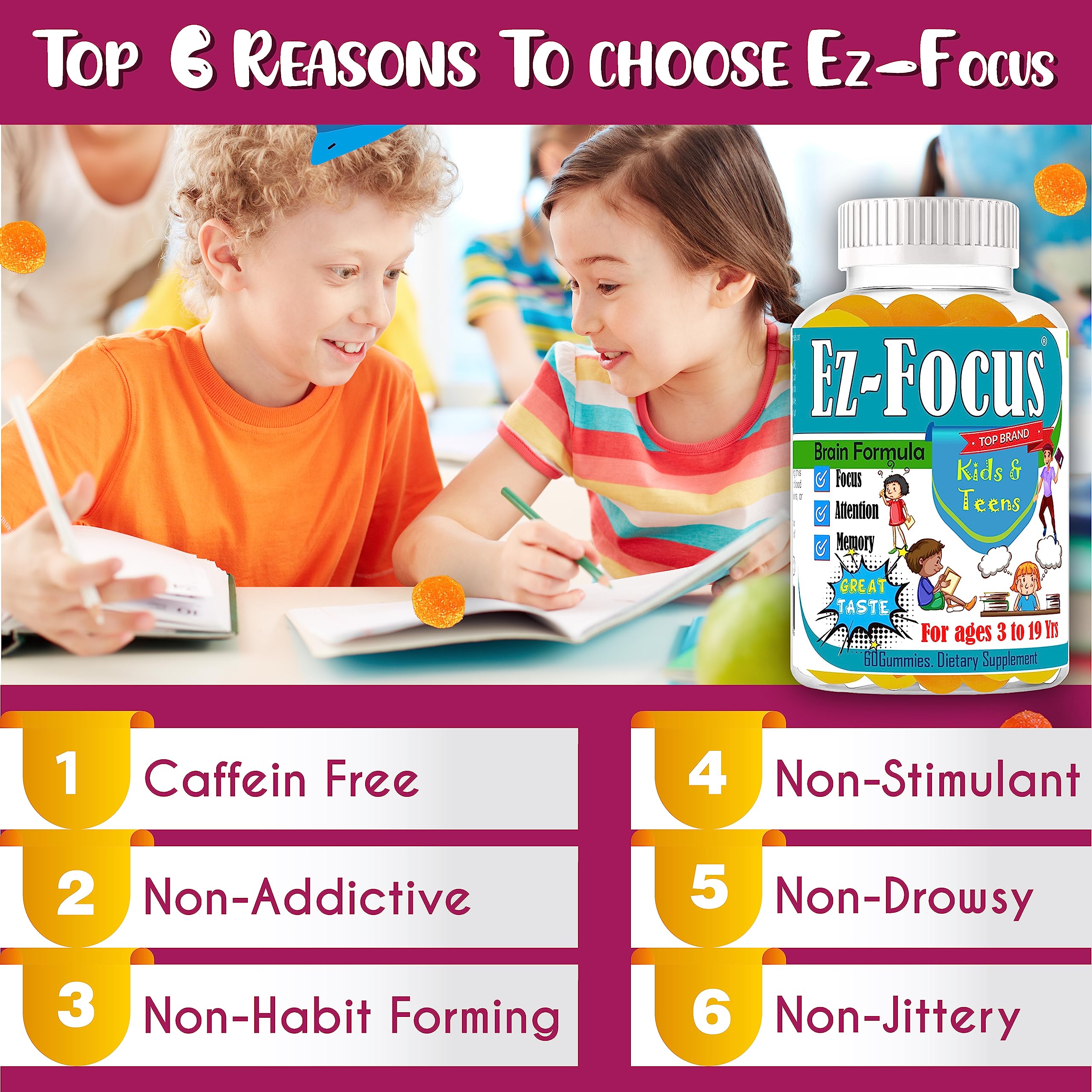 Ez-Focus Gummies for Kids 60ct gummies on a table