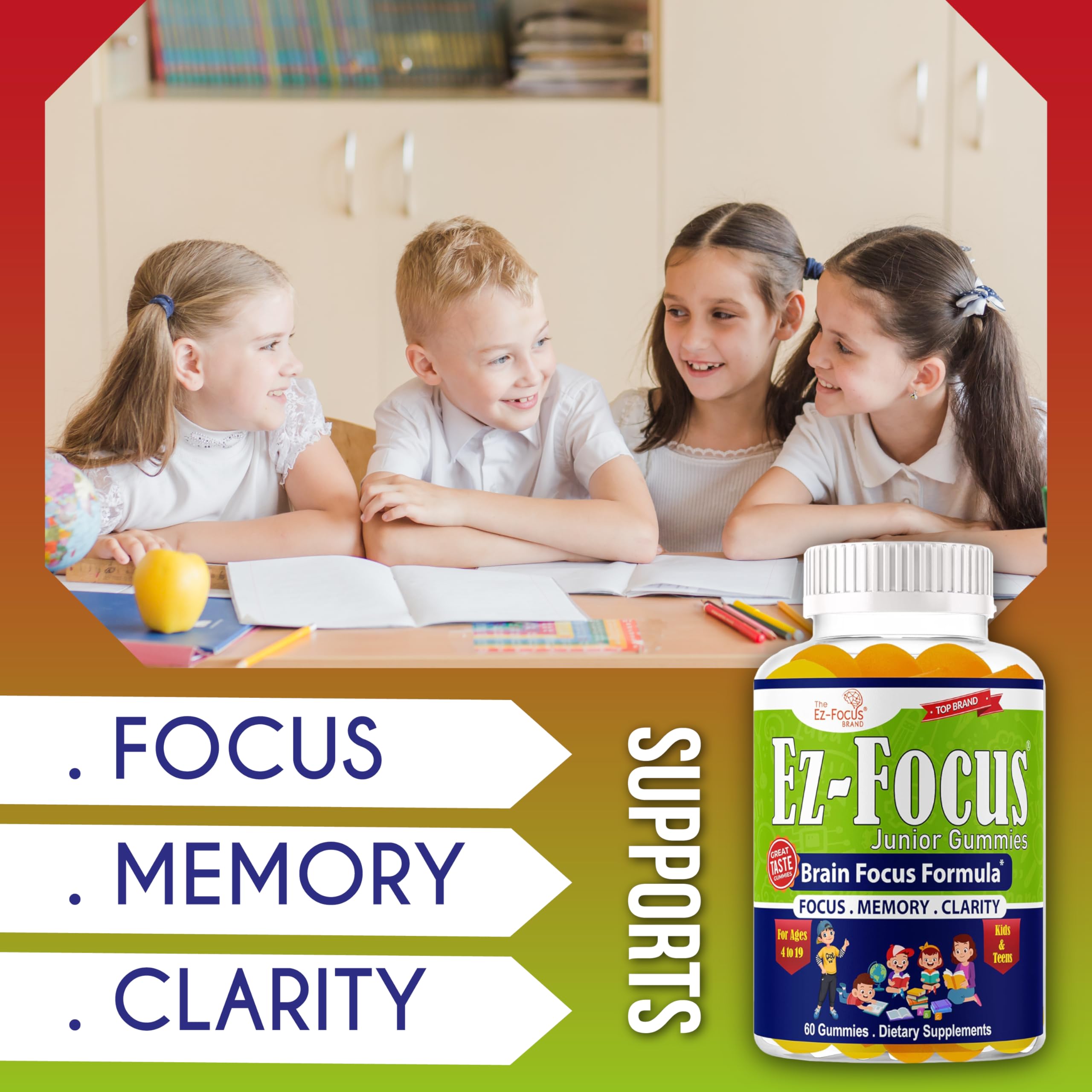 Ez-Focus Junior Gummies for Kids back view showing ingredients