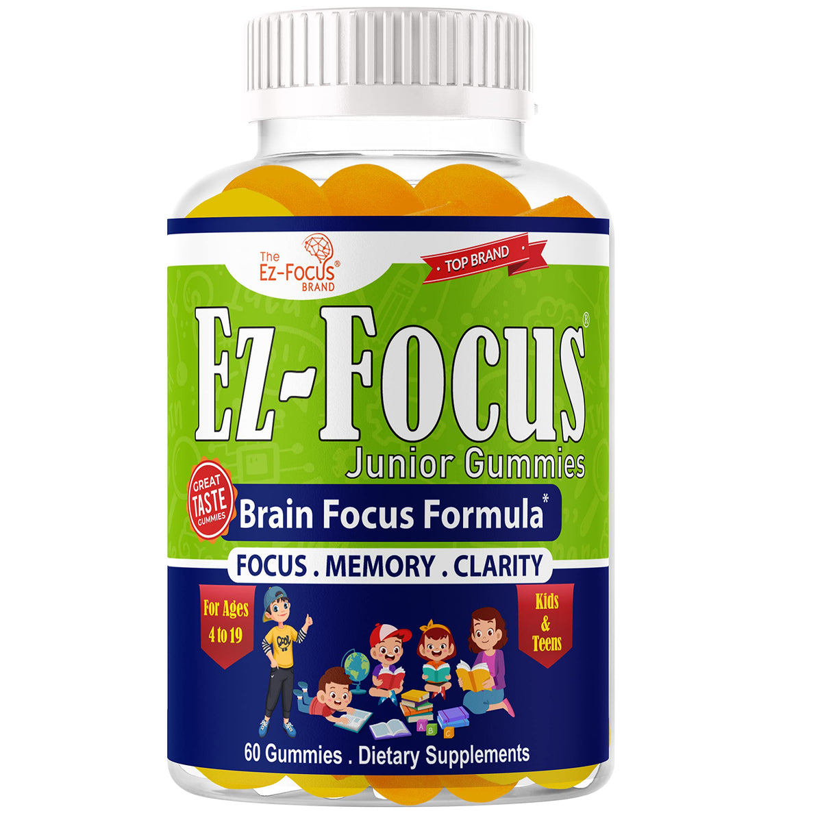 Ez-Focus Junior Gummies for Kids front view with packaging
