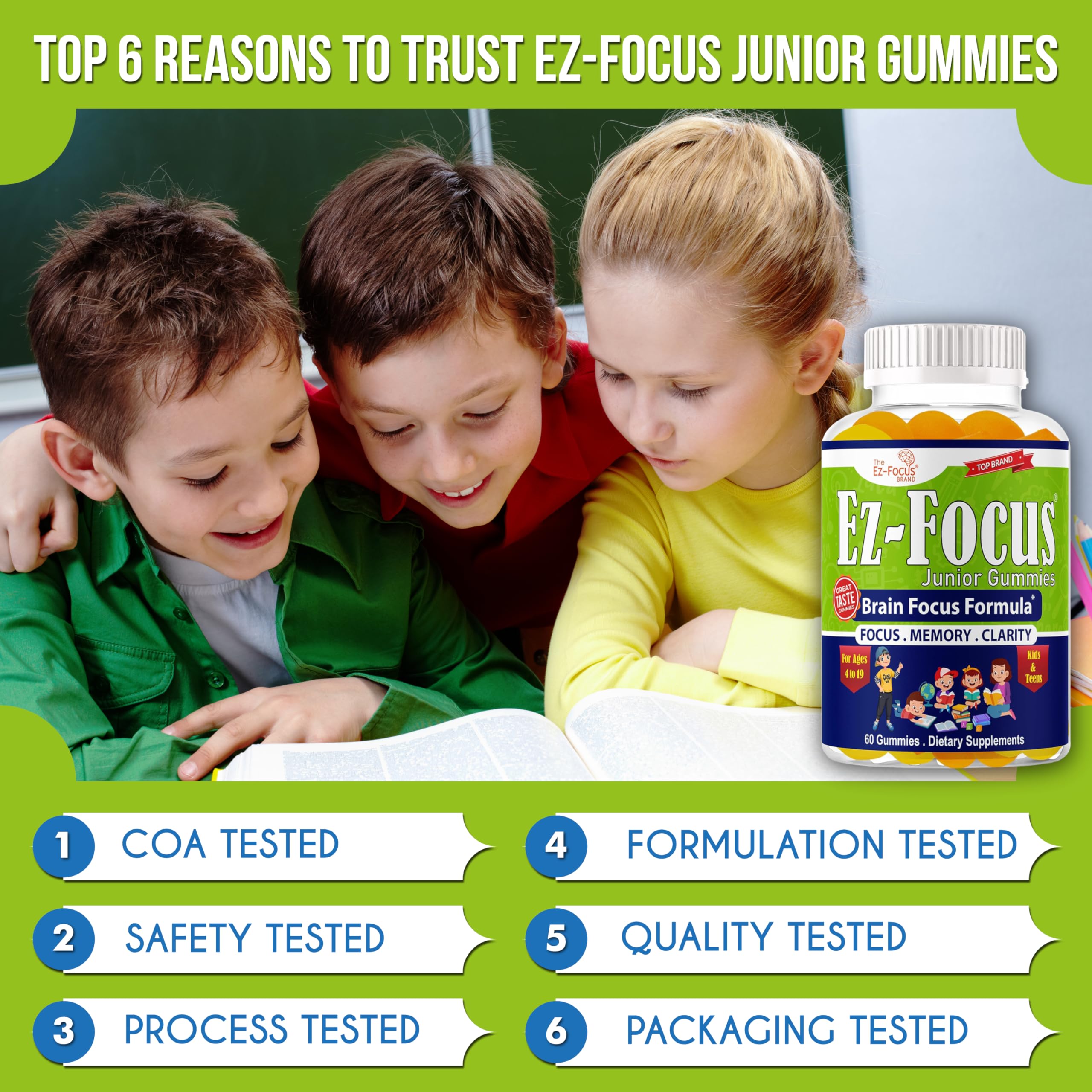 Ez-Focus Junior Gummies for Kids nutritional information close-up