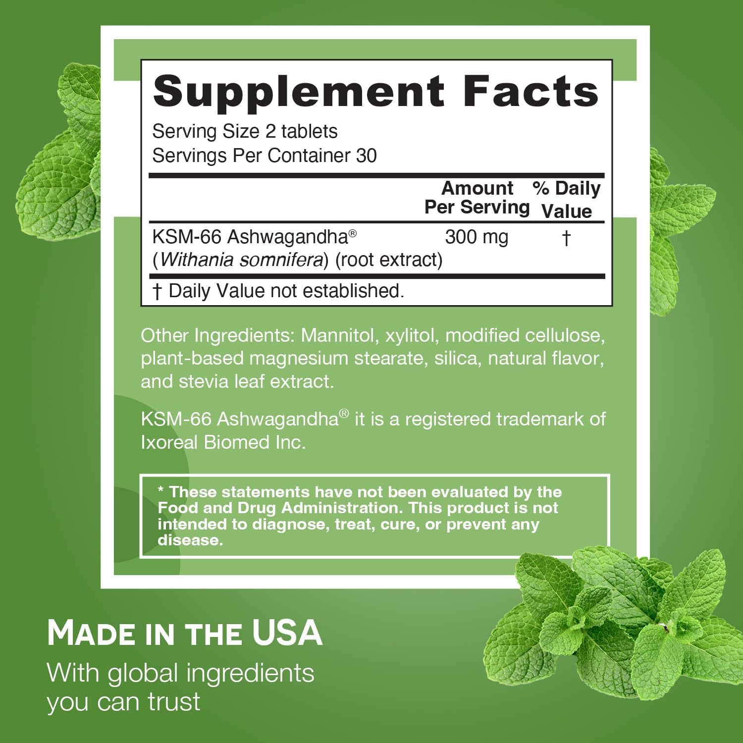 EZ Melts Ashwagandha 300 mg Peppermint Chill 60 Tablets packaging