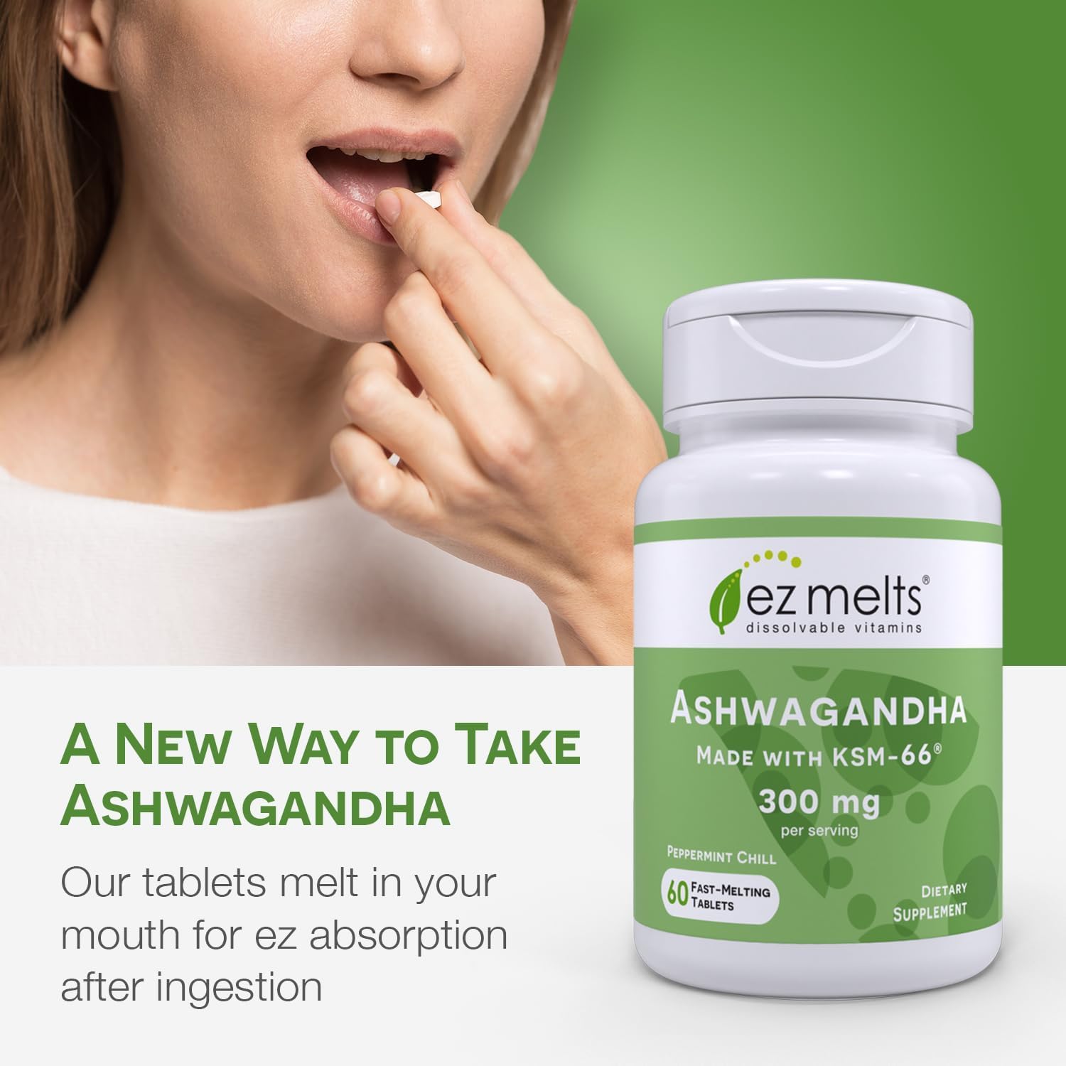 EZ Melts Ashwagandha 300 mg Peppermint Chill tablet close-up