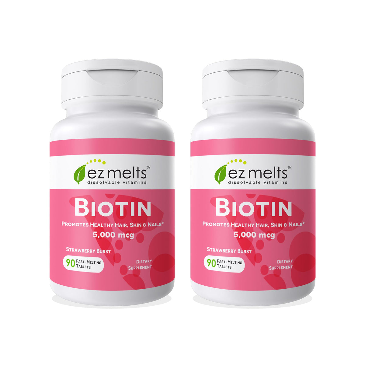 EZ Melts Biotin 5000 mcg supplement front view with strawberry flavour