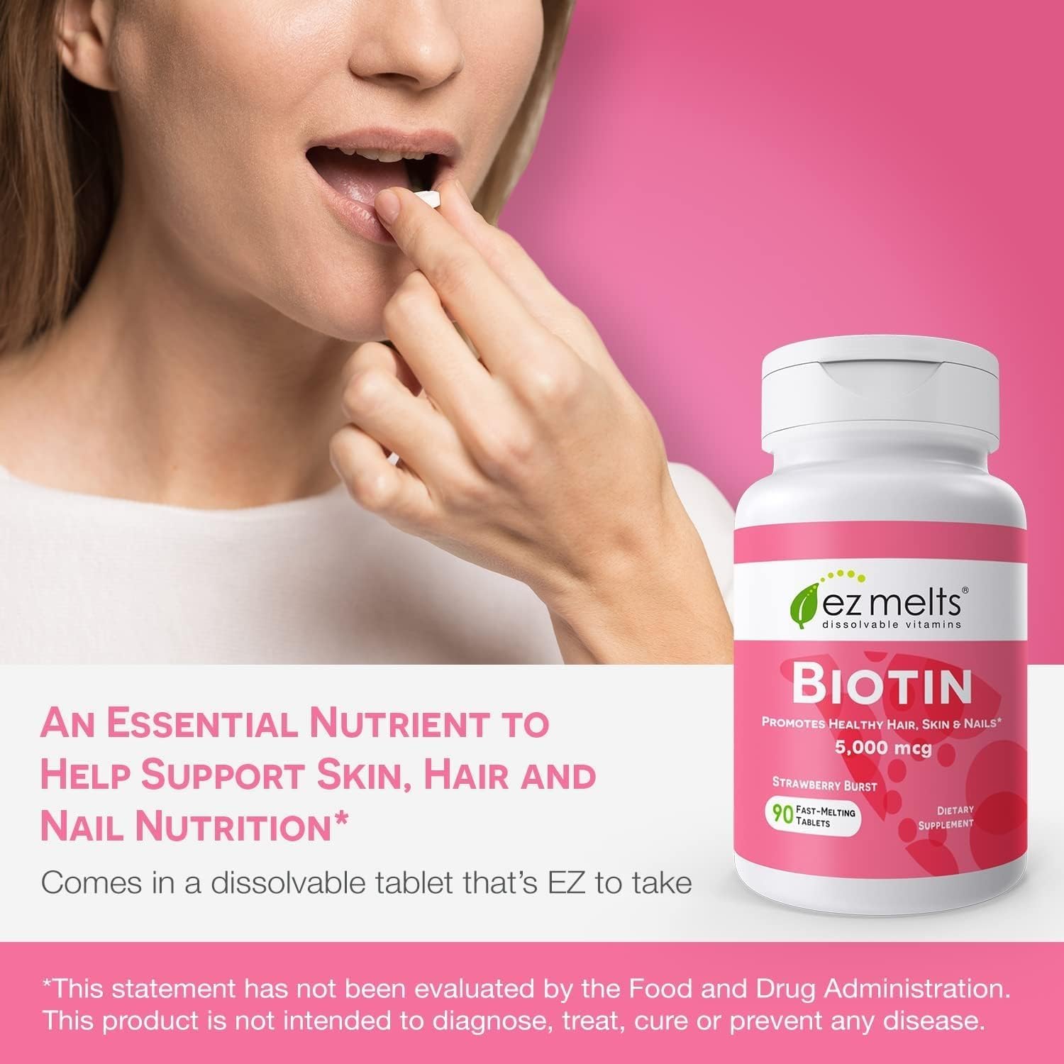 EZ Melts Biotin 5000 mcg supplement tablet close-up