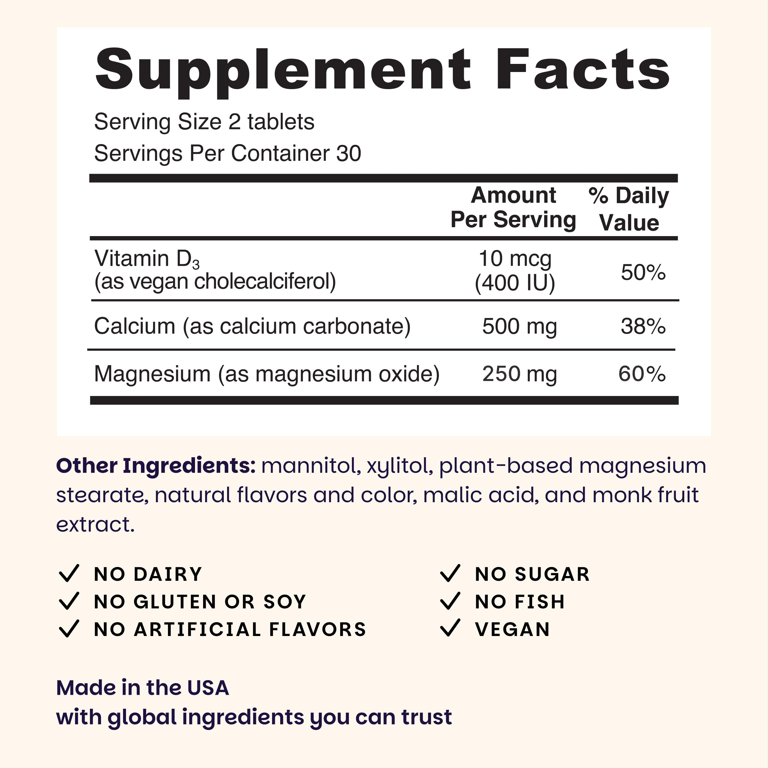 EZ Melts Calcium & Magnesium Supplement back view with ingredient list