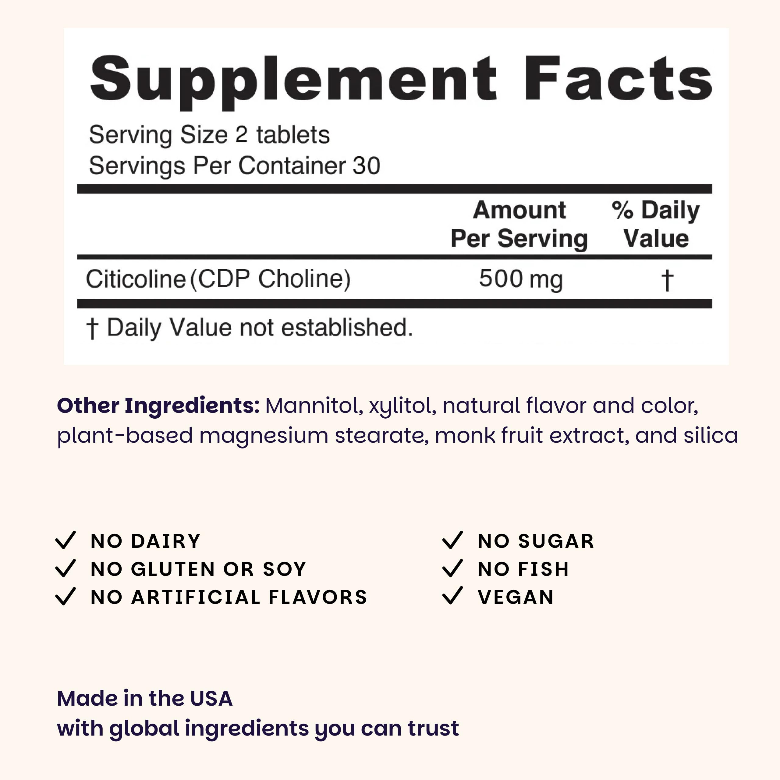 EZ Melts Citicoline supplement tablets on a wooden surface