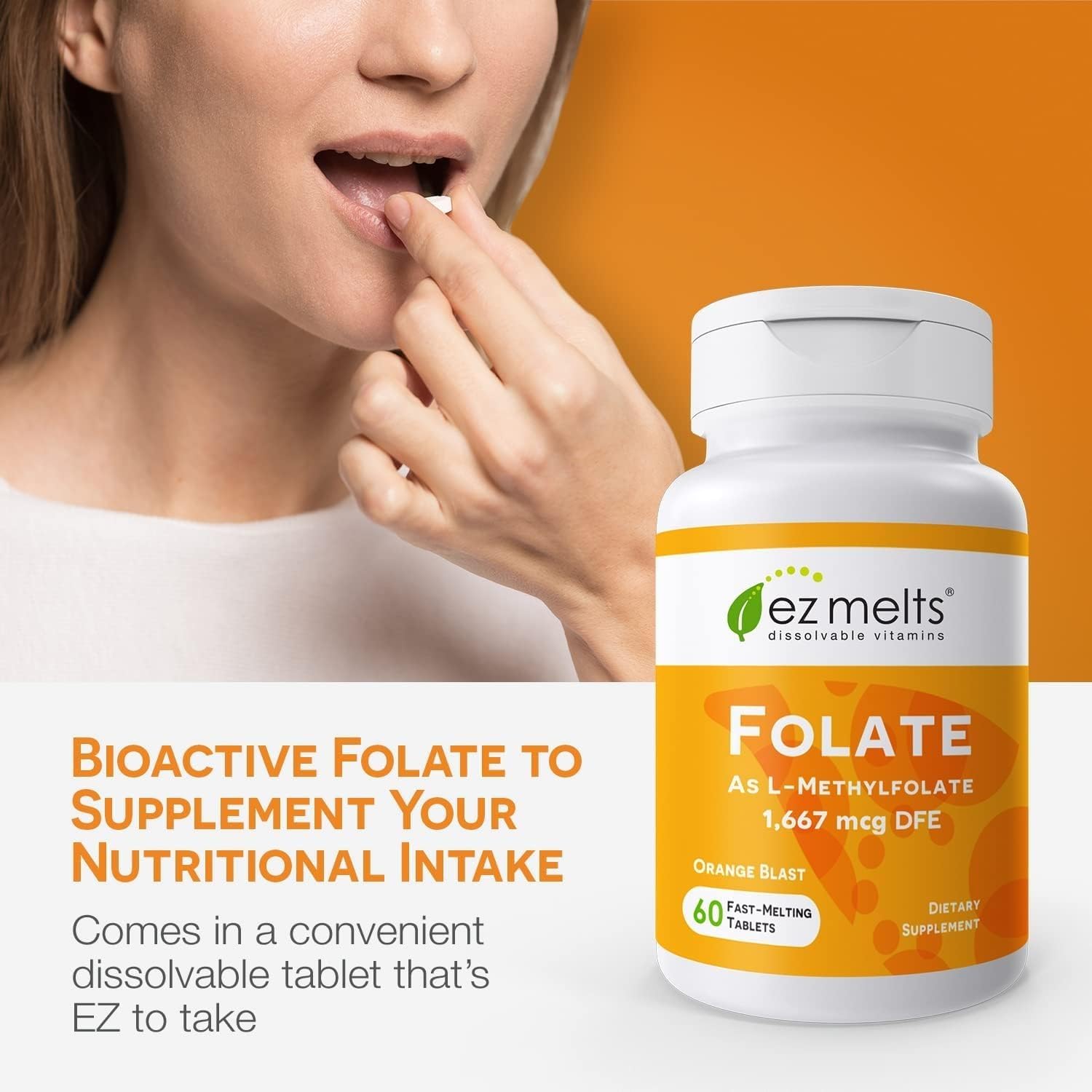 EZ Melts Folate Supplement 1,667 mcg tablet close-up