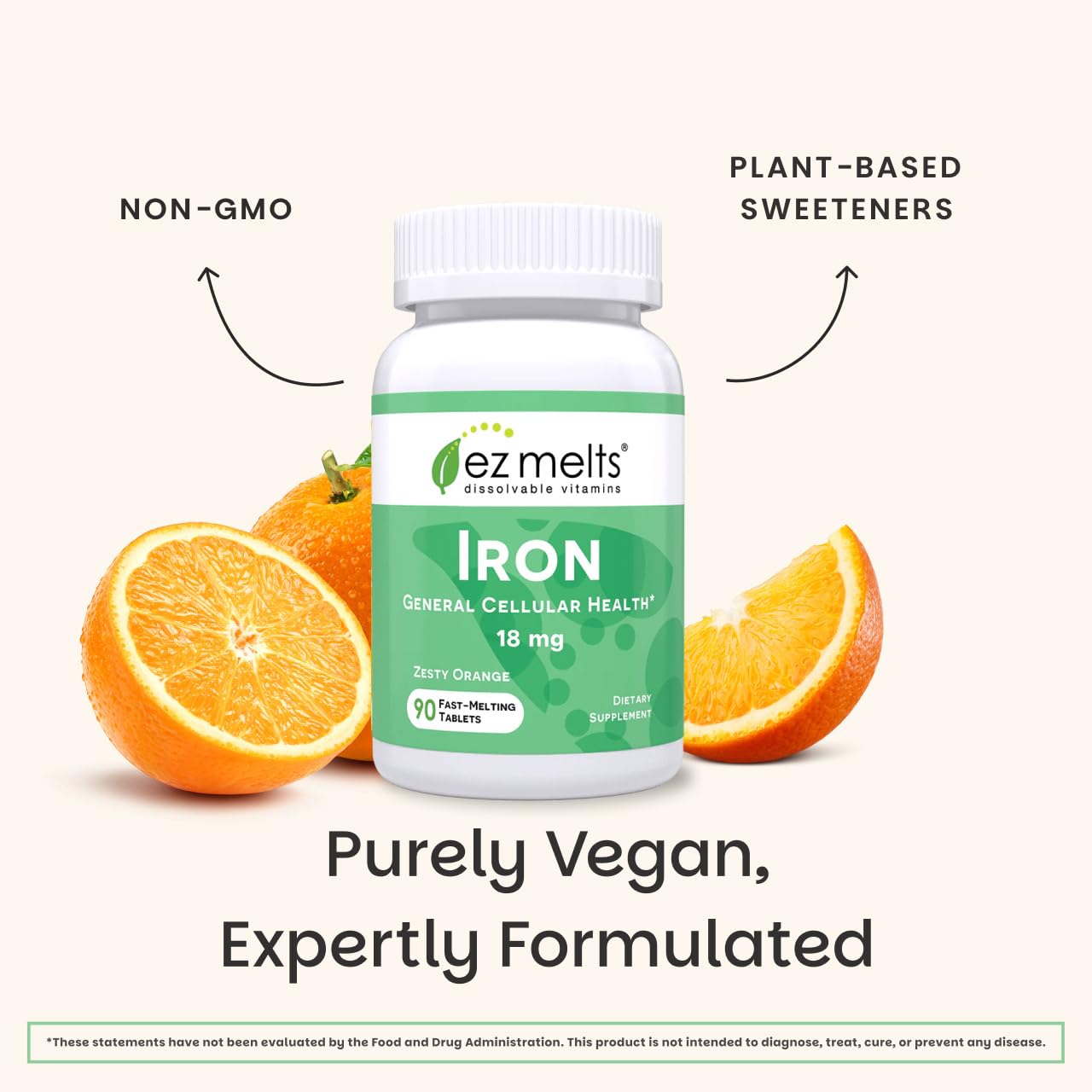 EZ Melts Iron Supplement 50g displayed with natural ingredients