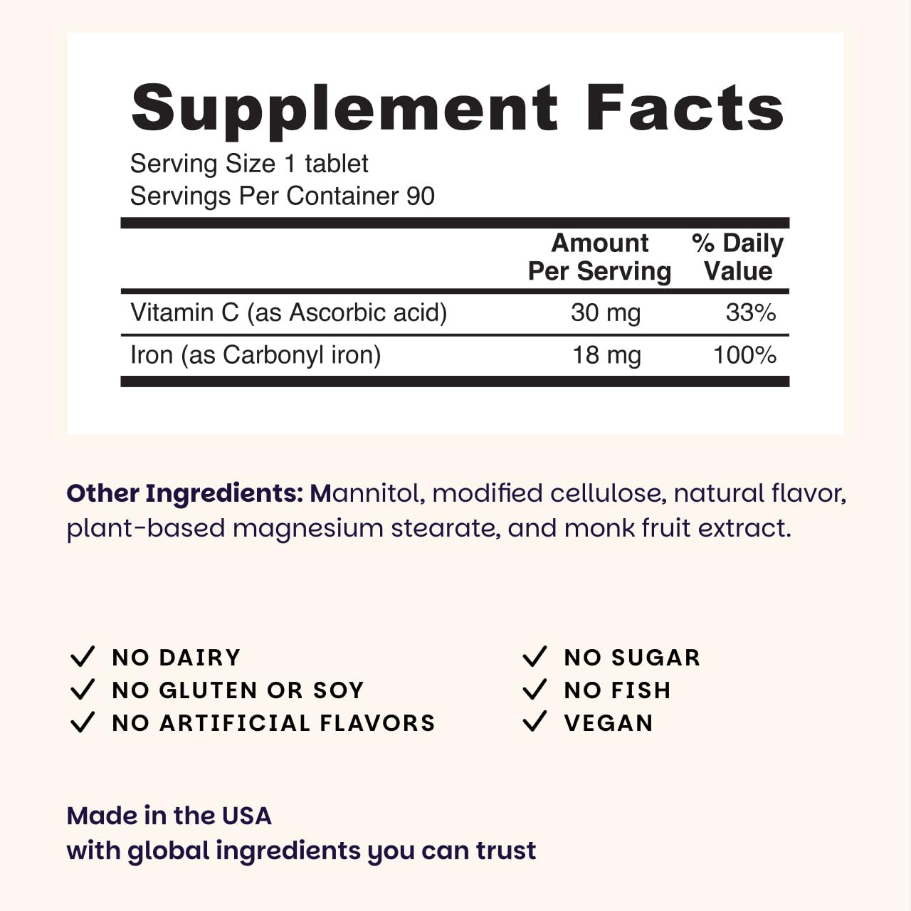 EZ Melts Iron Supplement 50g side view with ingredients