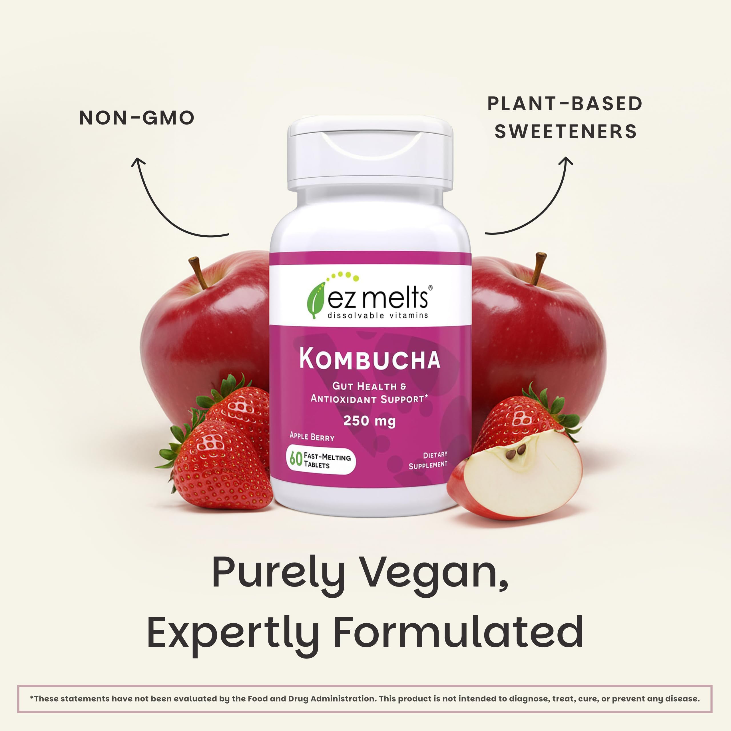 EZ Melts Kombucha Tablets 254mg lifestyle shot with a glass of water
