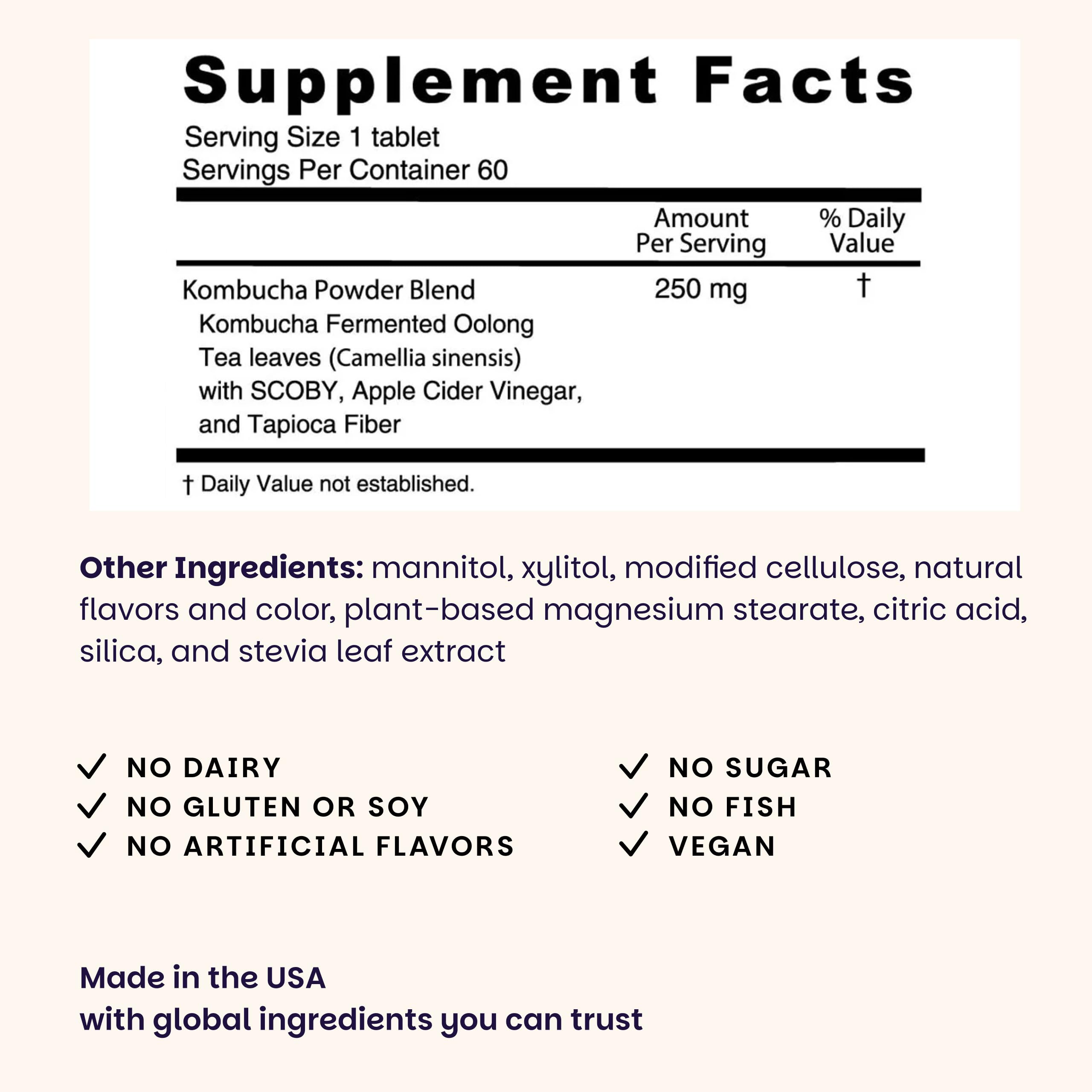 EZ Melts Kombucha Tablets 254mg side view showing tablet details