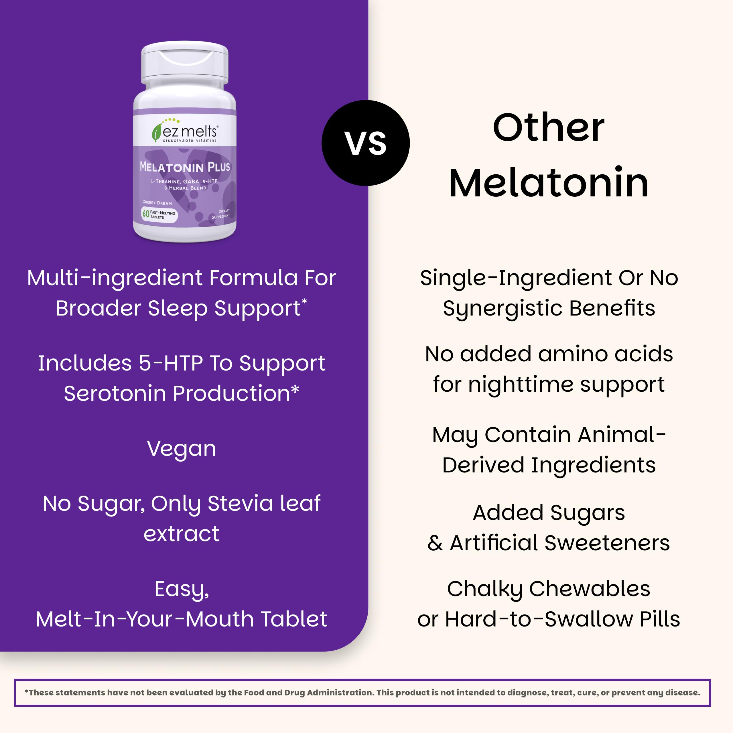 EZ Melts Melatonin Plus 5mg supplement on a wooden table