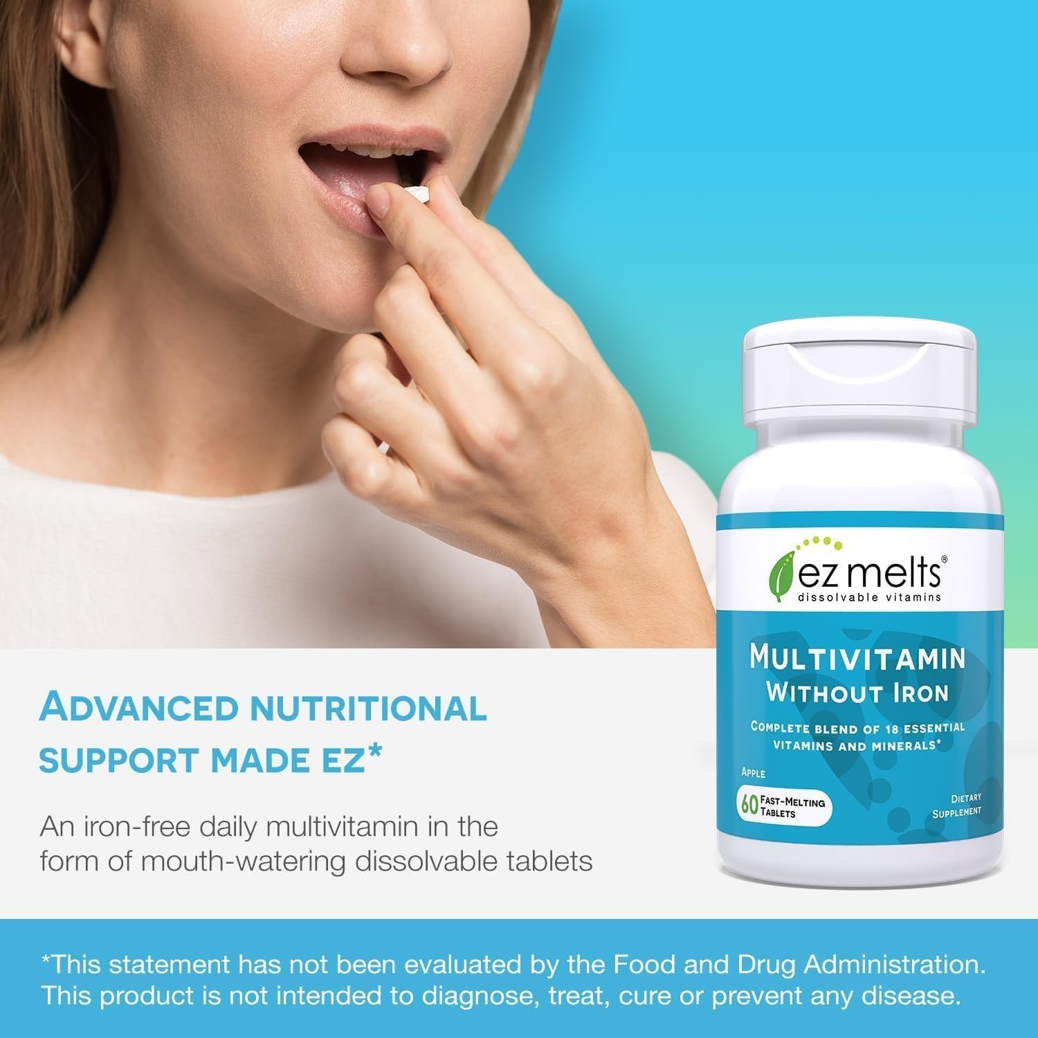 EZ Melts Multivitamin without Iron on a kitchen counter