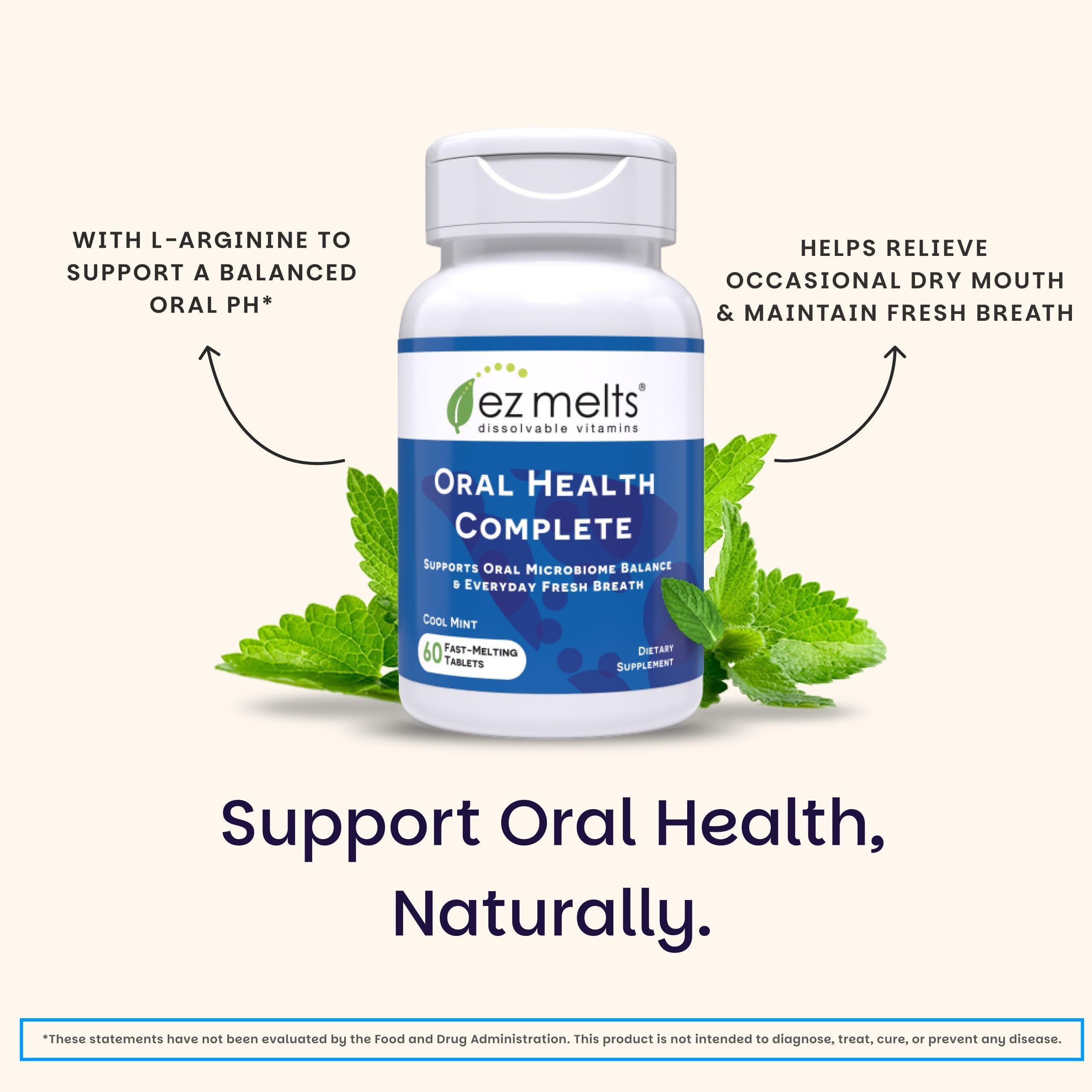 EZ Melts Oral Health Complete Probiotic Tablets on a wooden table