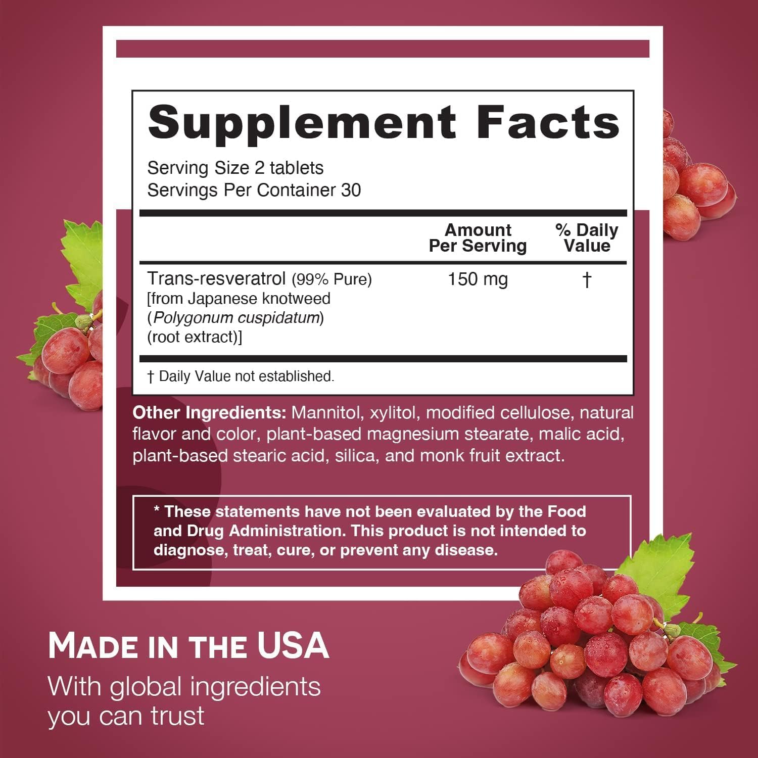 EZ Melts Resveratrol Antioxidant Supplement back view packaging