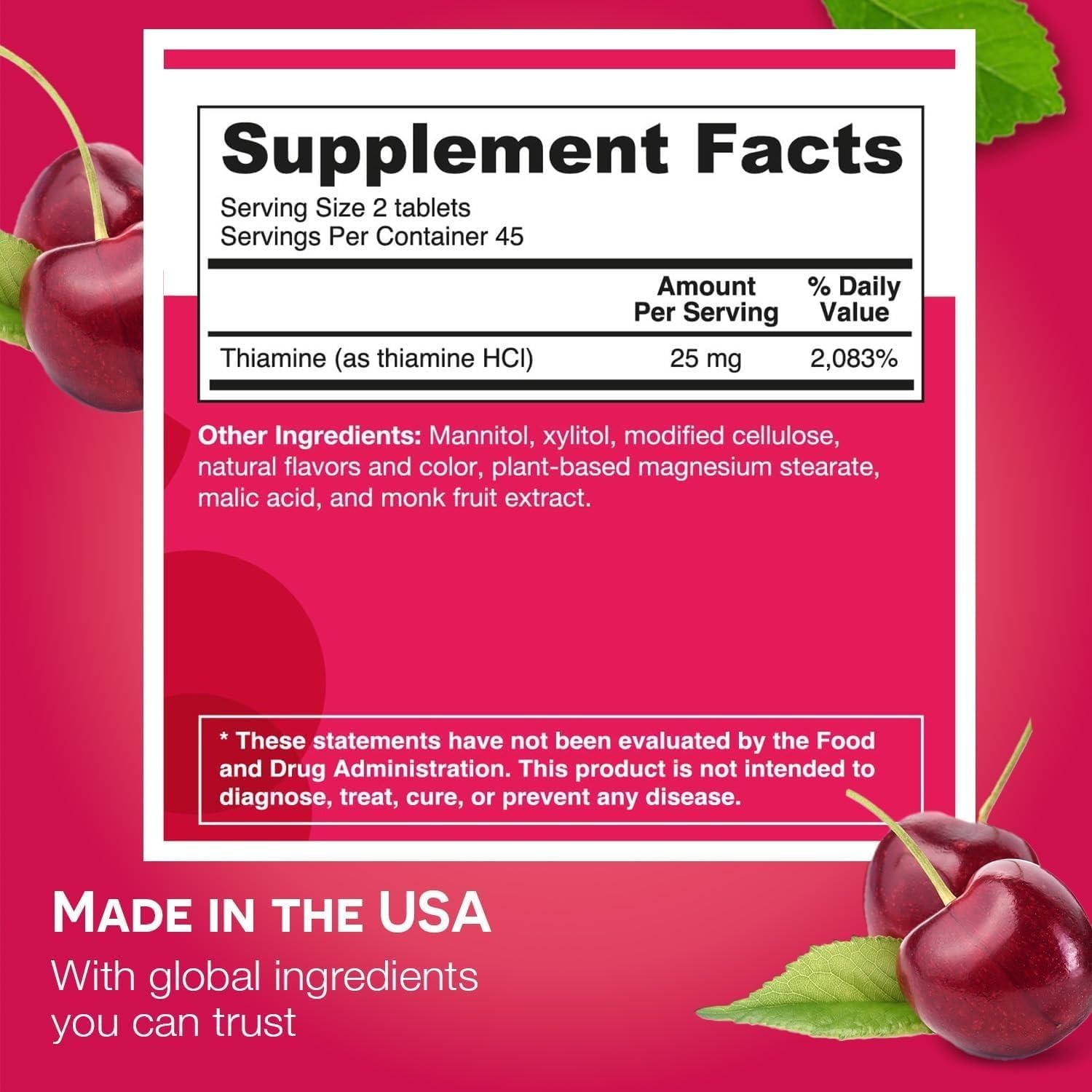 EZ Melts Vitamin B1 25 mg supplement back view showing ingredients