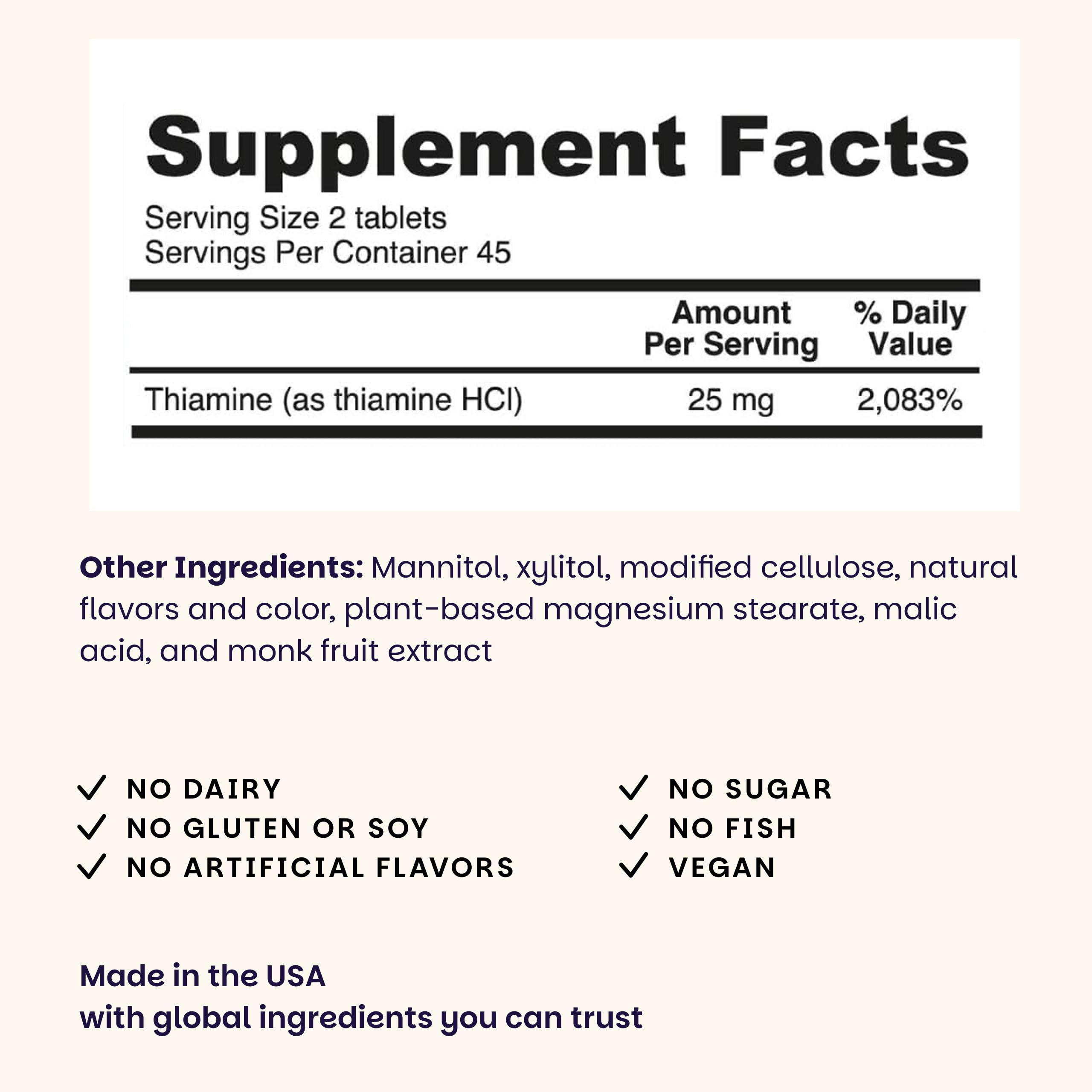 EZ Melts Vitamin B1 25mg supplement back view with ingredient list