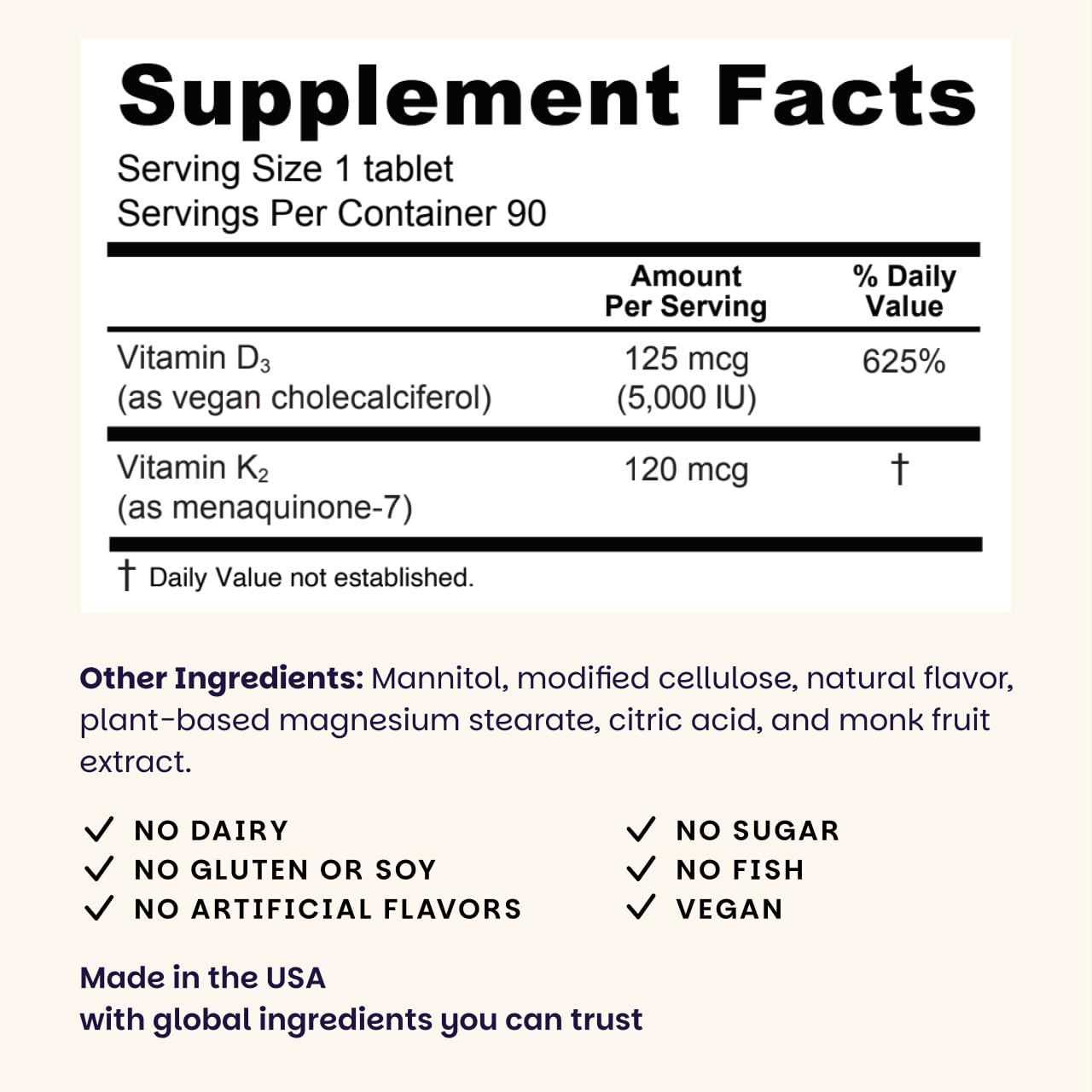EZ Melts Vitamin D3 + K2 Supplement back view with ingredient list