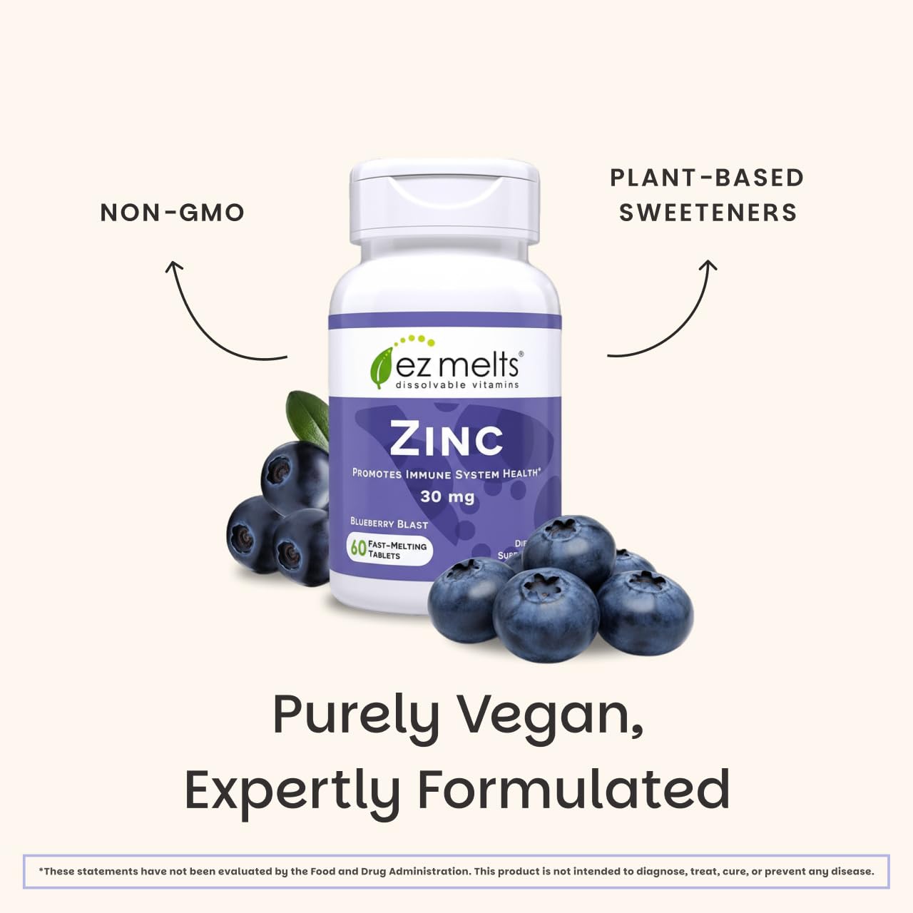 EZ Melts Zinc ingredients list on packaging