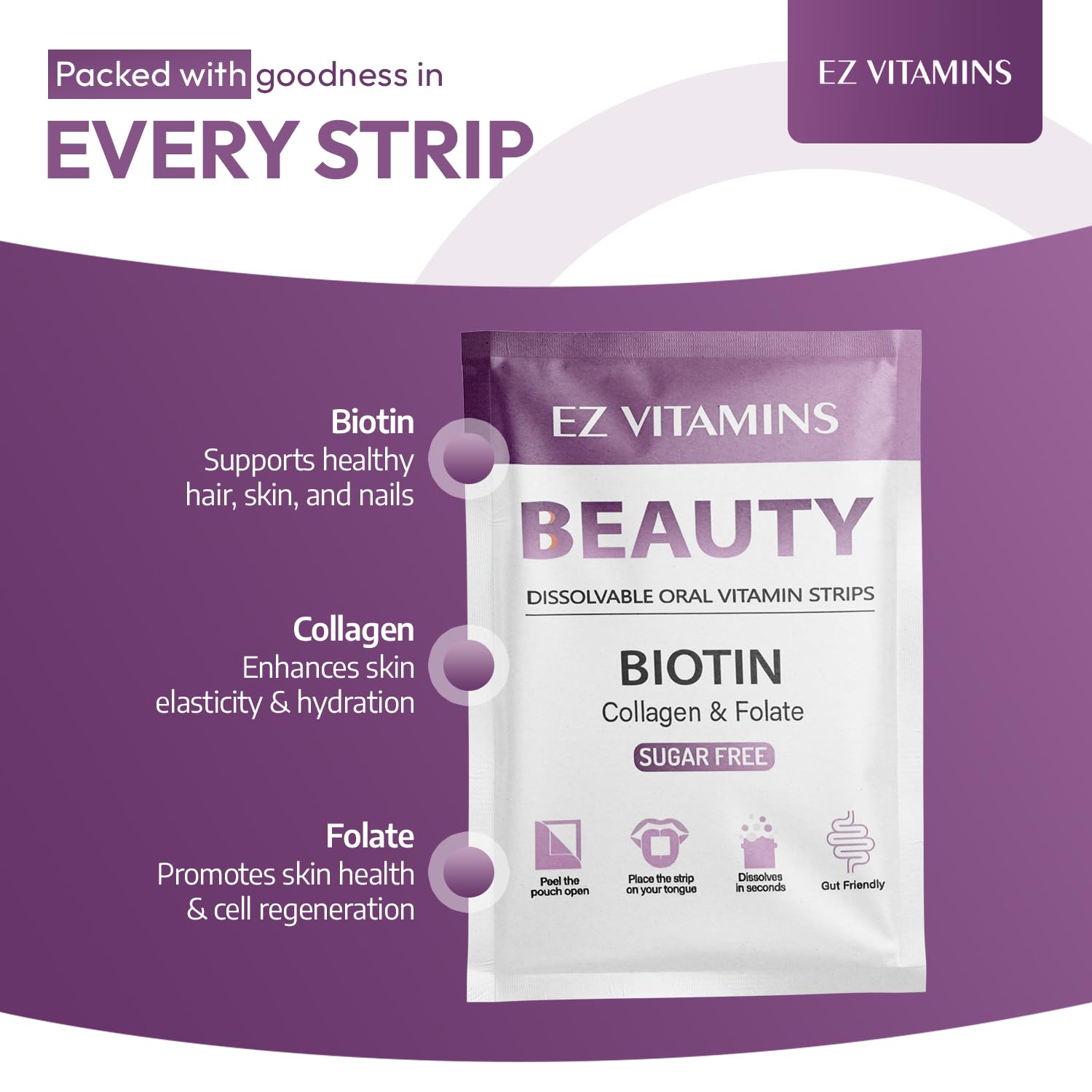 EZ VITAMINS Biotin Beauty Strips on a table