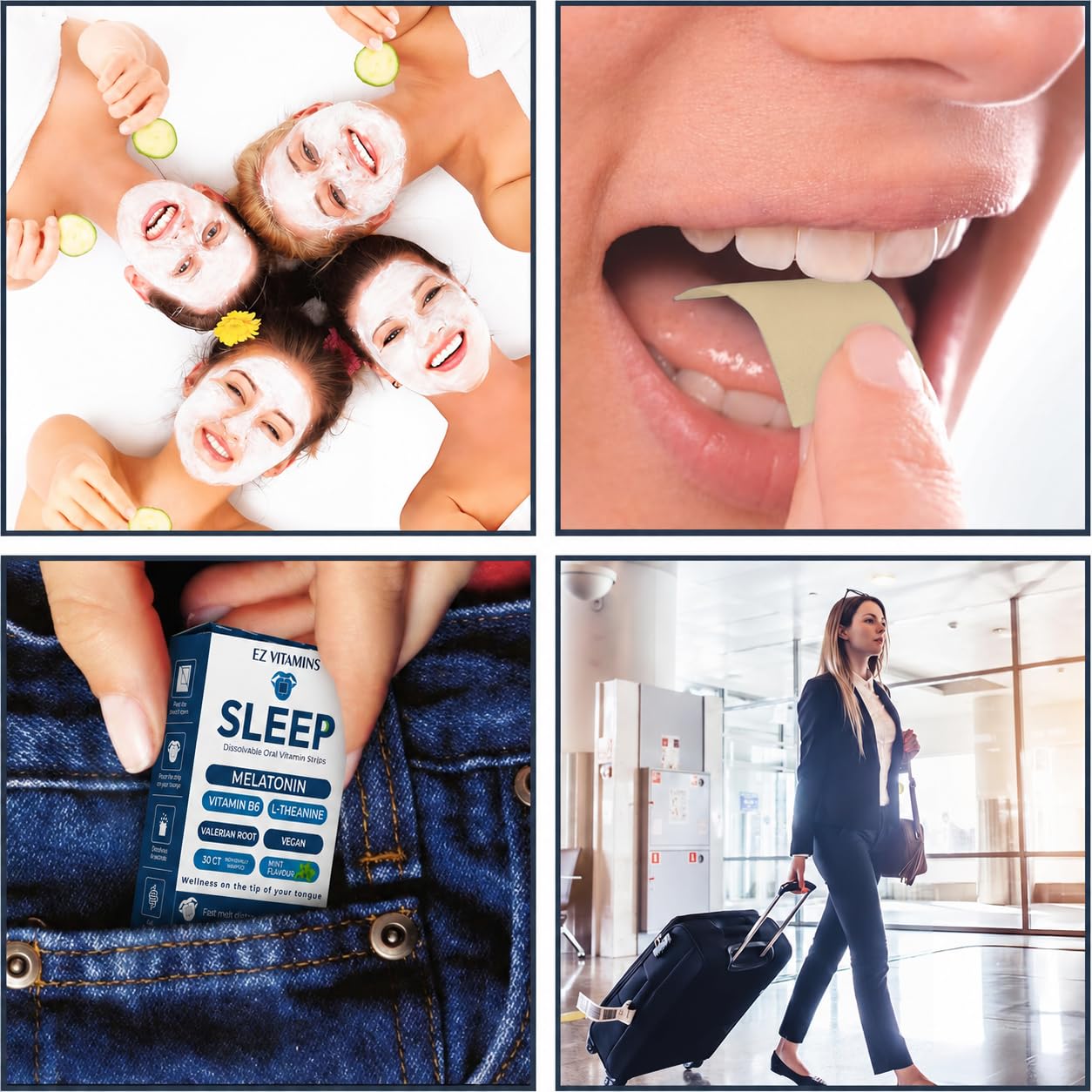 EZ VITAMINS Melatonin Sleep Strips displayed on a bedside table
