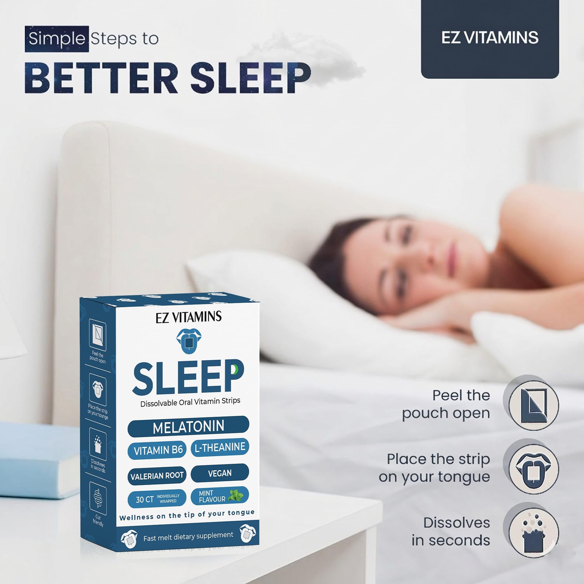 EZ VITAMINS Melatonin Sleep Strips showing a strip on a tongue