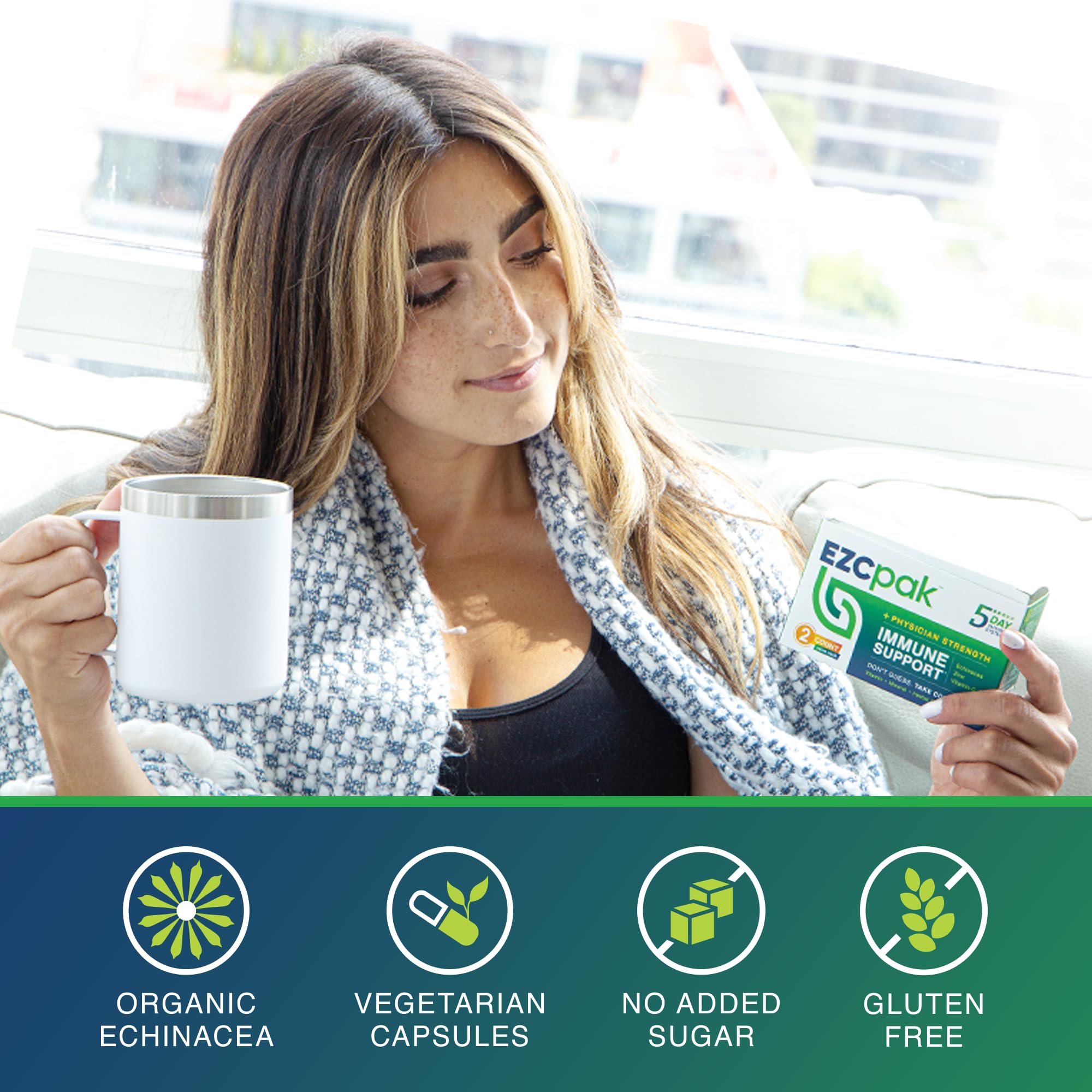 EZC Pak daily wellness Support Supplement with a glass of water