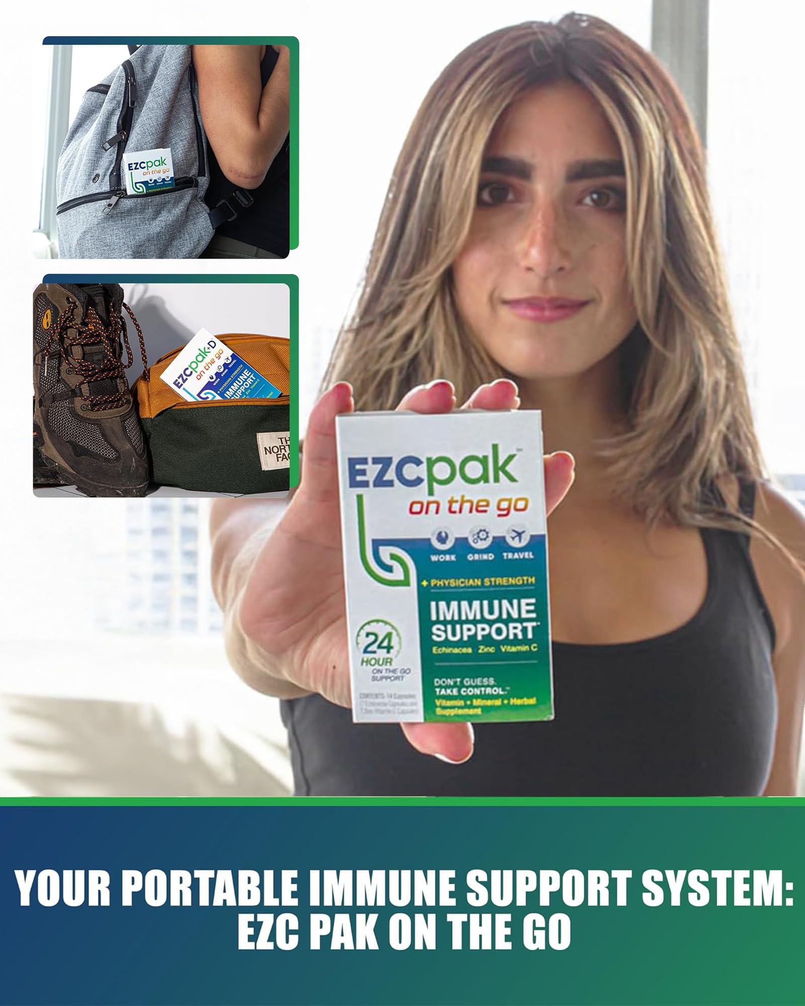 EZC Pak On The Go daily wellness support system held in hand