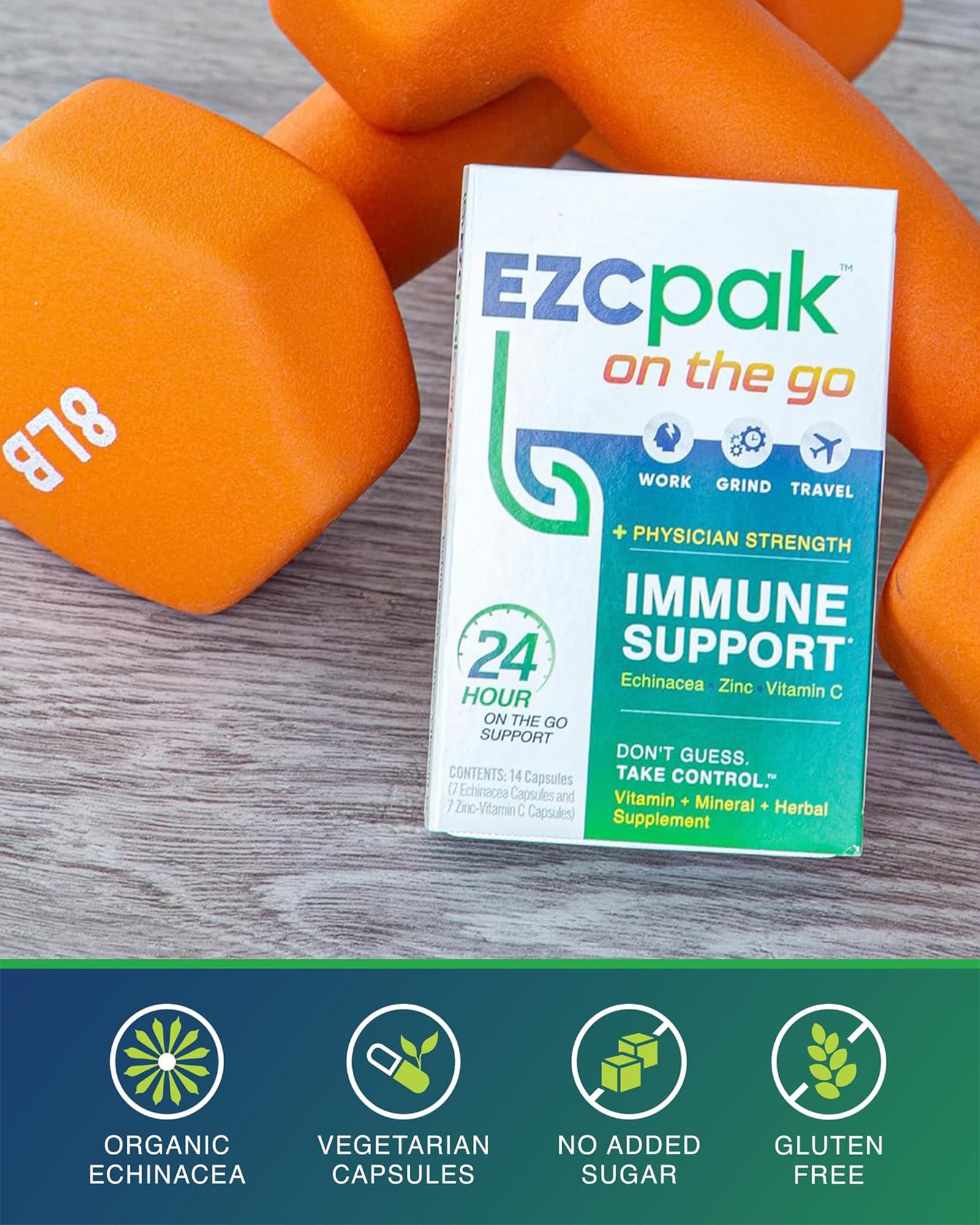 EZC Pak On The Go daily wellness support system in a travel bag