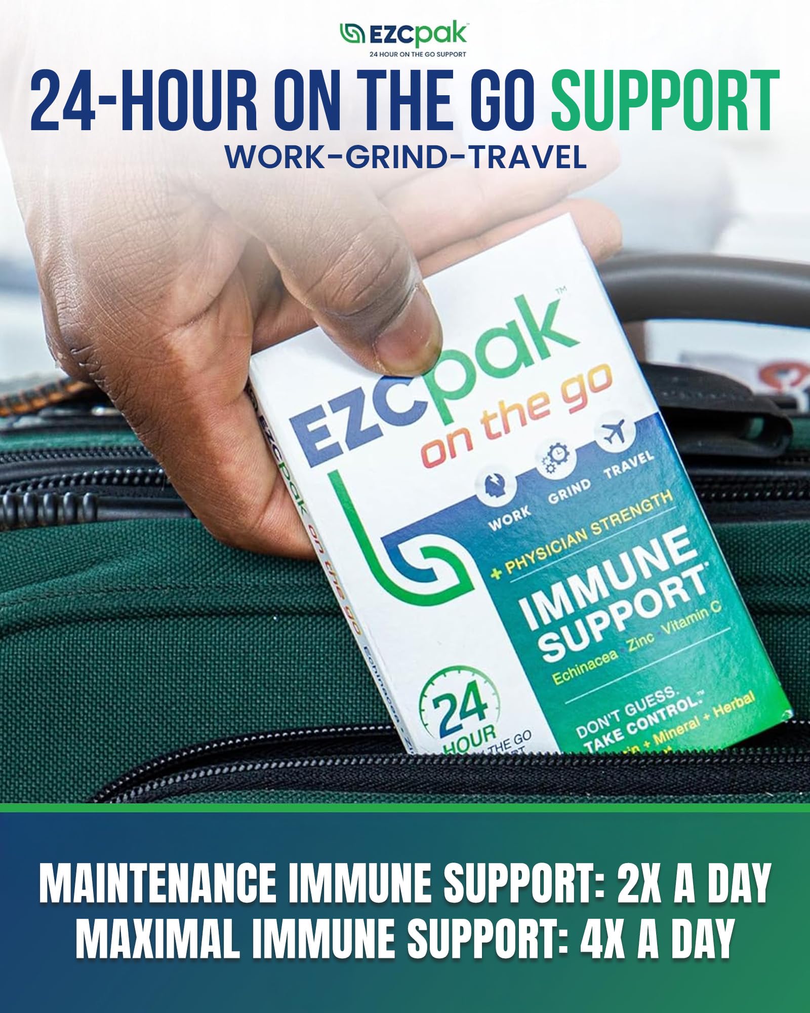 EZC Pak On The Go daily wellness support system opened pack