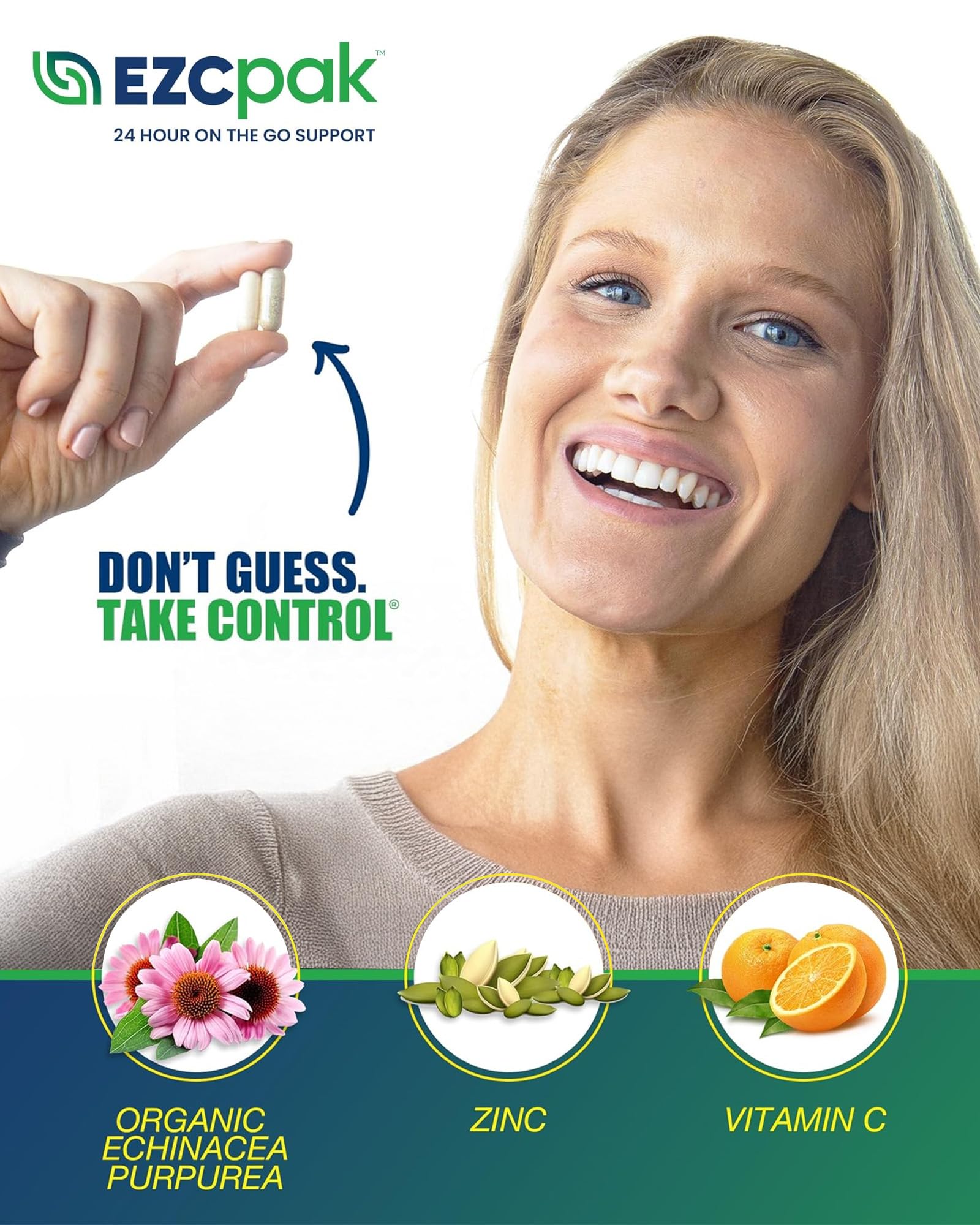 EZC Pak On The Go daily wellness support system with a glass of water