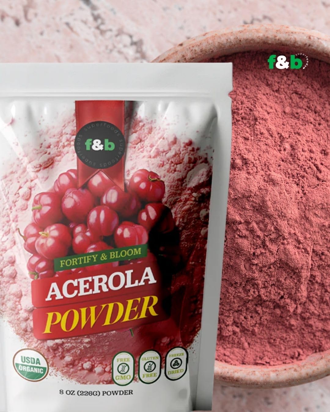 f&b superfoods Organic Acerola Cherry Vitamin C Powder close-up