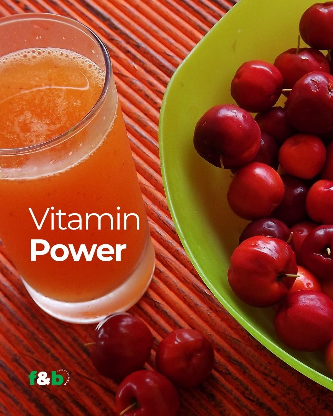 f&b superfoods Organic Acerola Cherry Vitamin C Powder scoop with powder