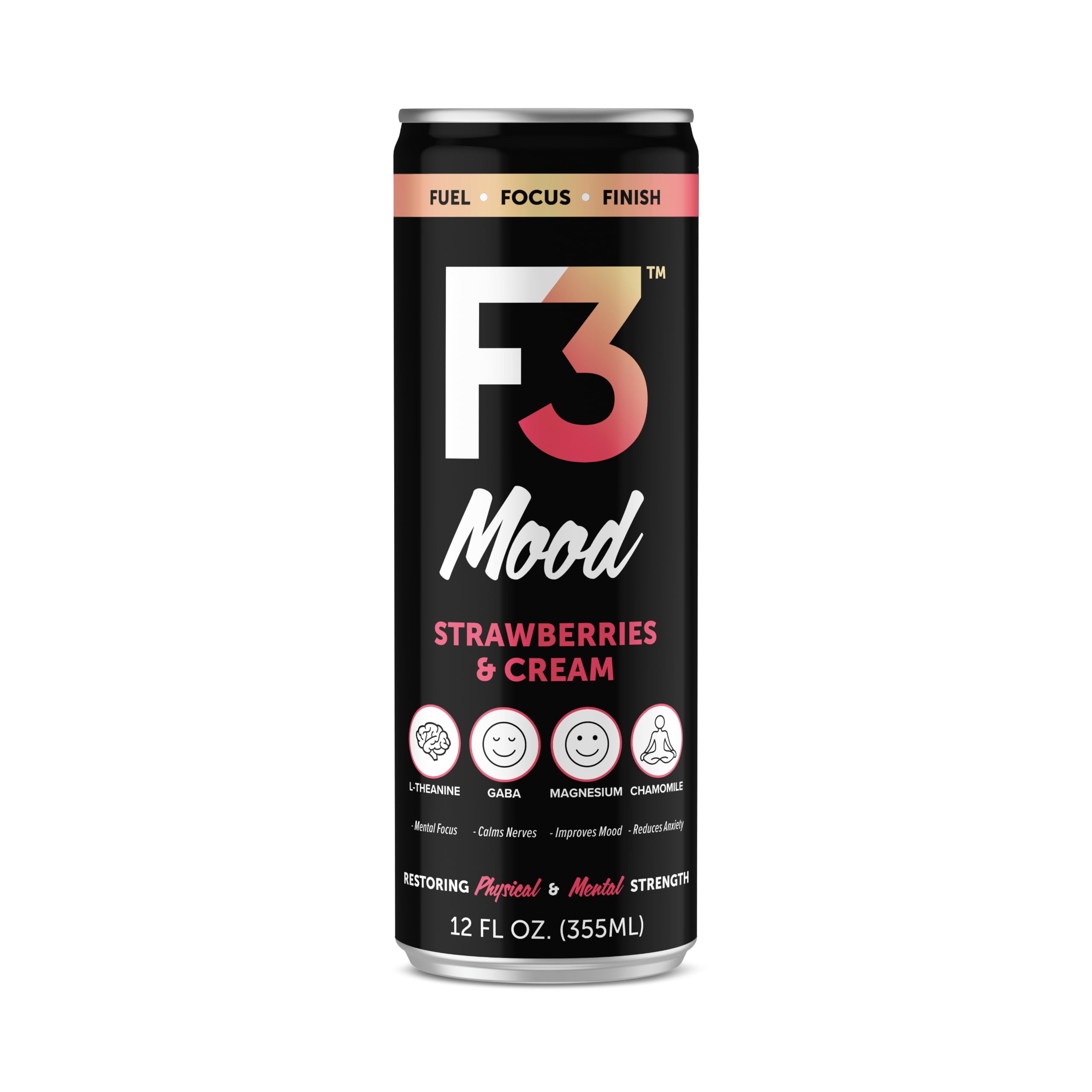 F3 Energy Mood Calm Drink 12 fl oz can front view with Strawberries & Cream flavour