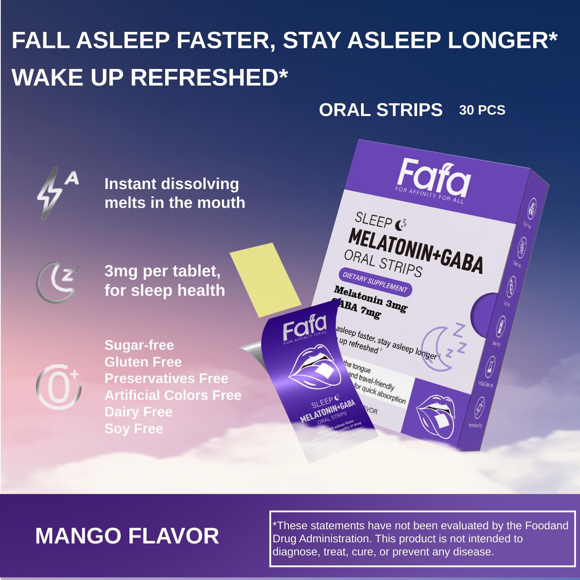 FAFA Melatonin 3mg GABA 7mg sleep strips individual sachet