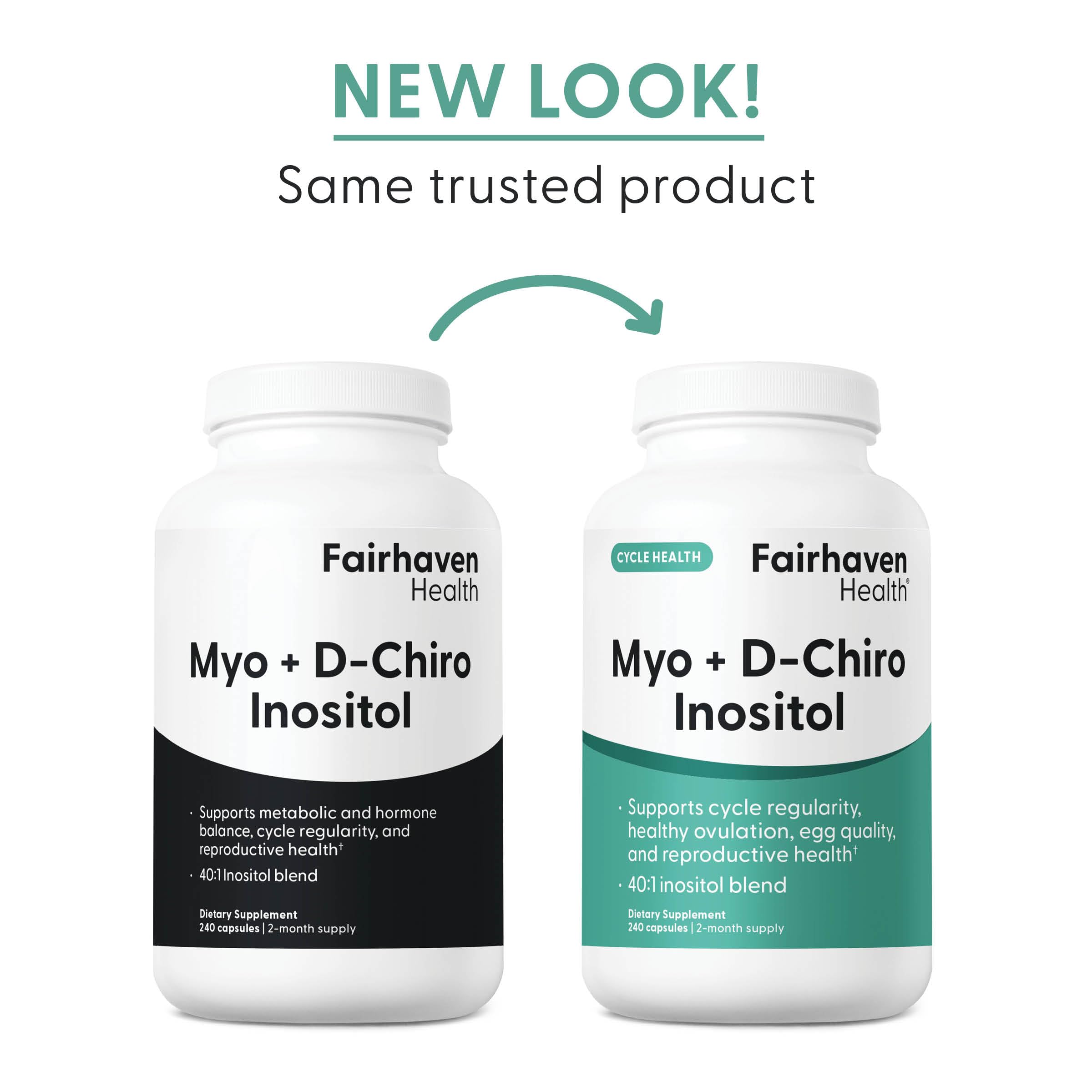 Fairhaven Health Myo + D-Chiro Inositol supplement capsules on a wooden surface
