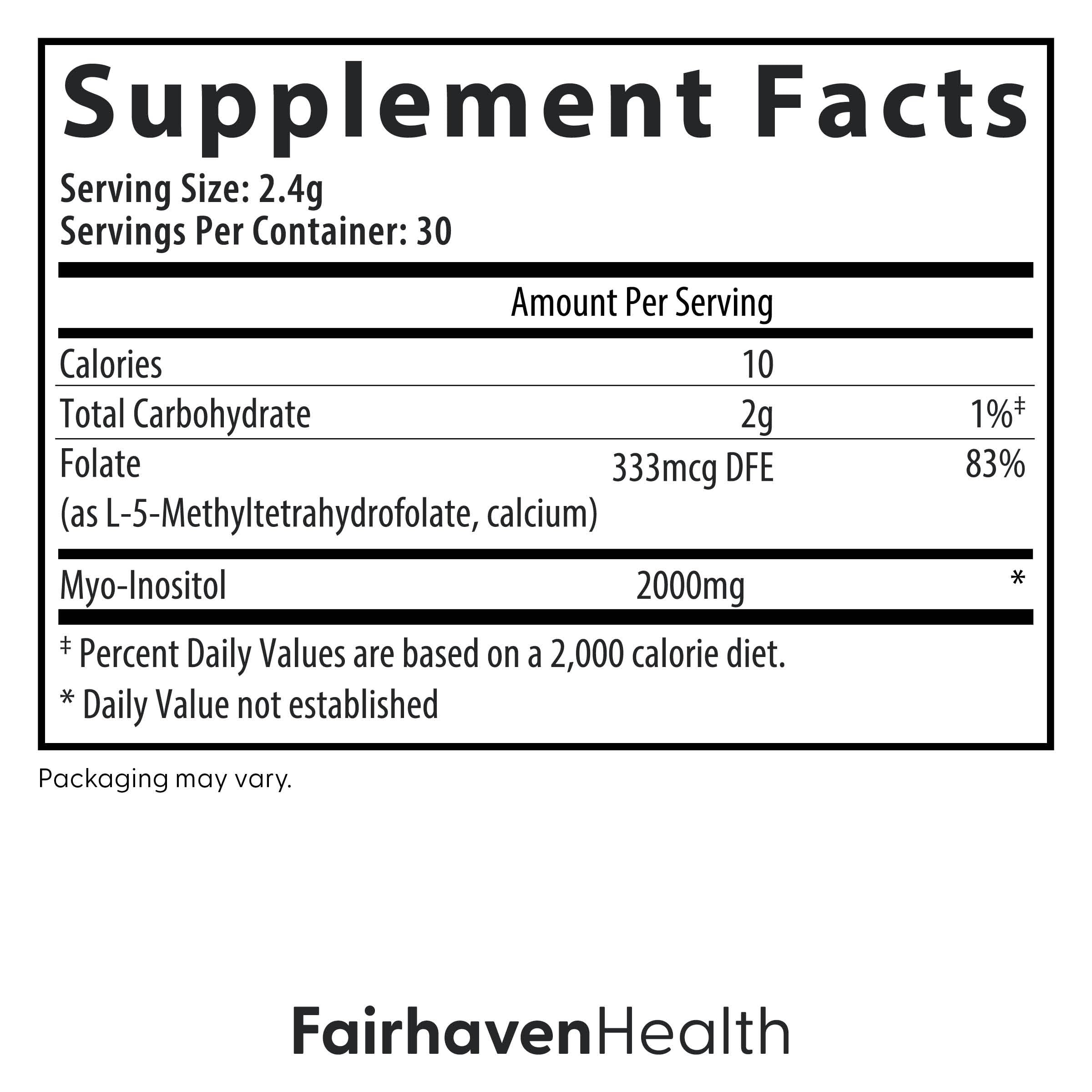 Fairhaven Health Myo-Folate Powder ingredients list on packaging
