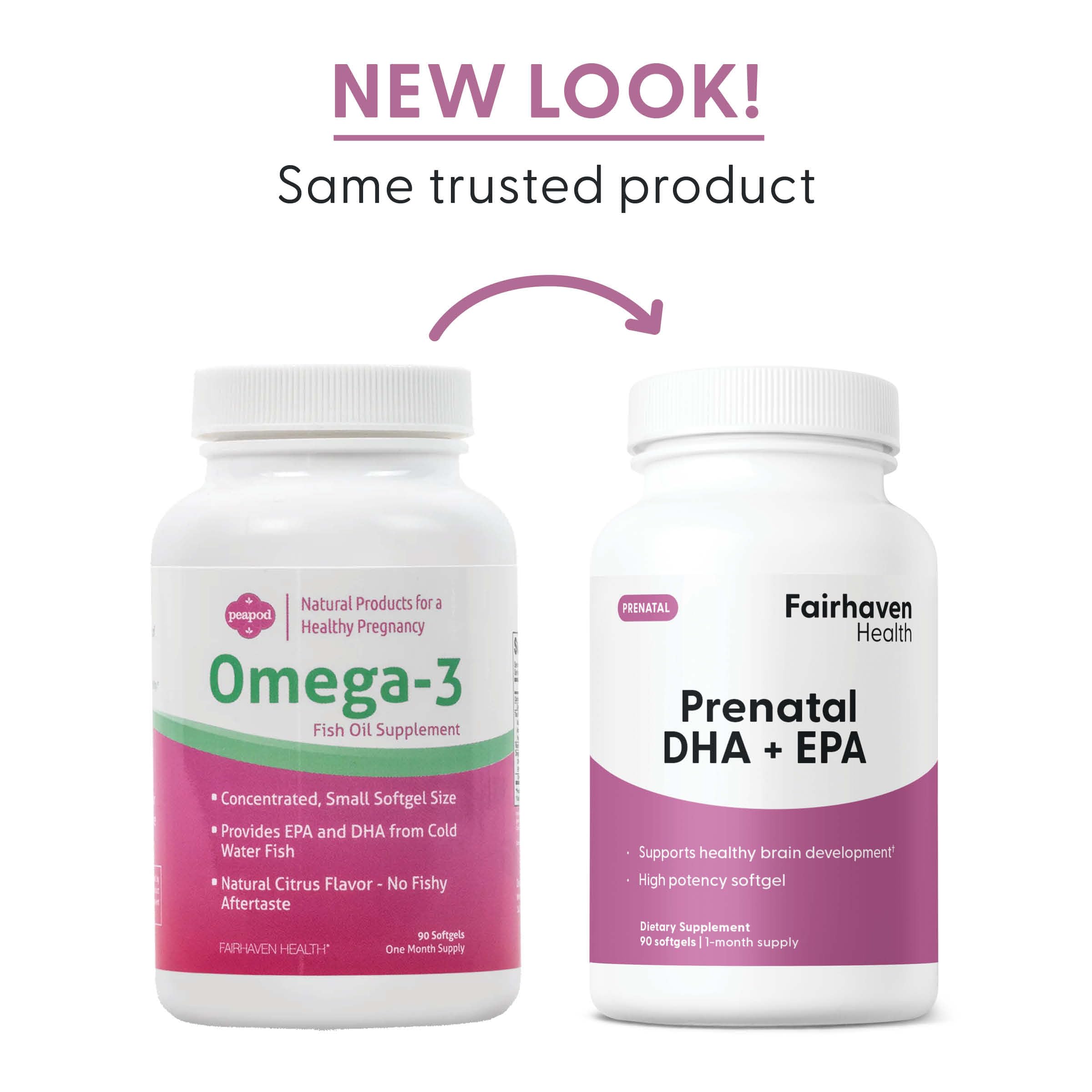 Fairhaven Health Prenatal DHA + EPA Omega-3 softgels with ingredients list
