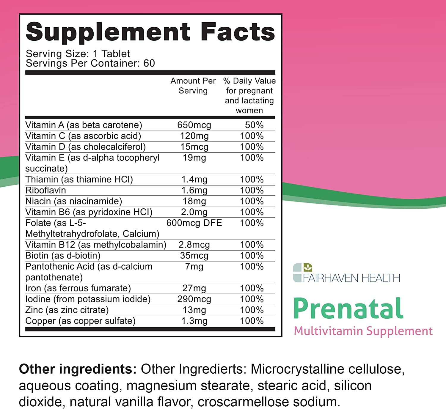 Fairhaven Health Prenatal Vitamins bottle showing label and contents