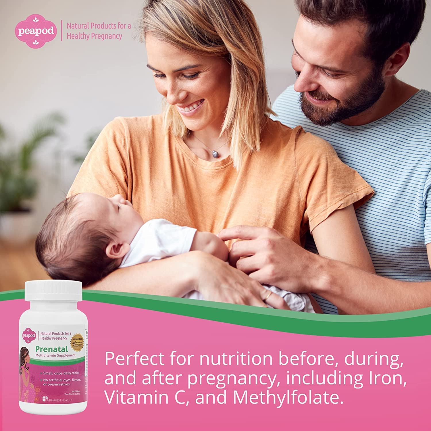 Fairhaven Health Prenatal Vitamins bottle with dosage instructions