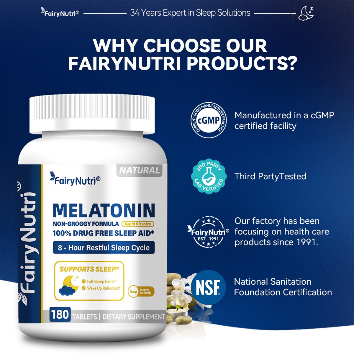 fairynutri Melatonin 9mg 180 Tablets with measuring scoop