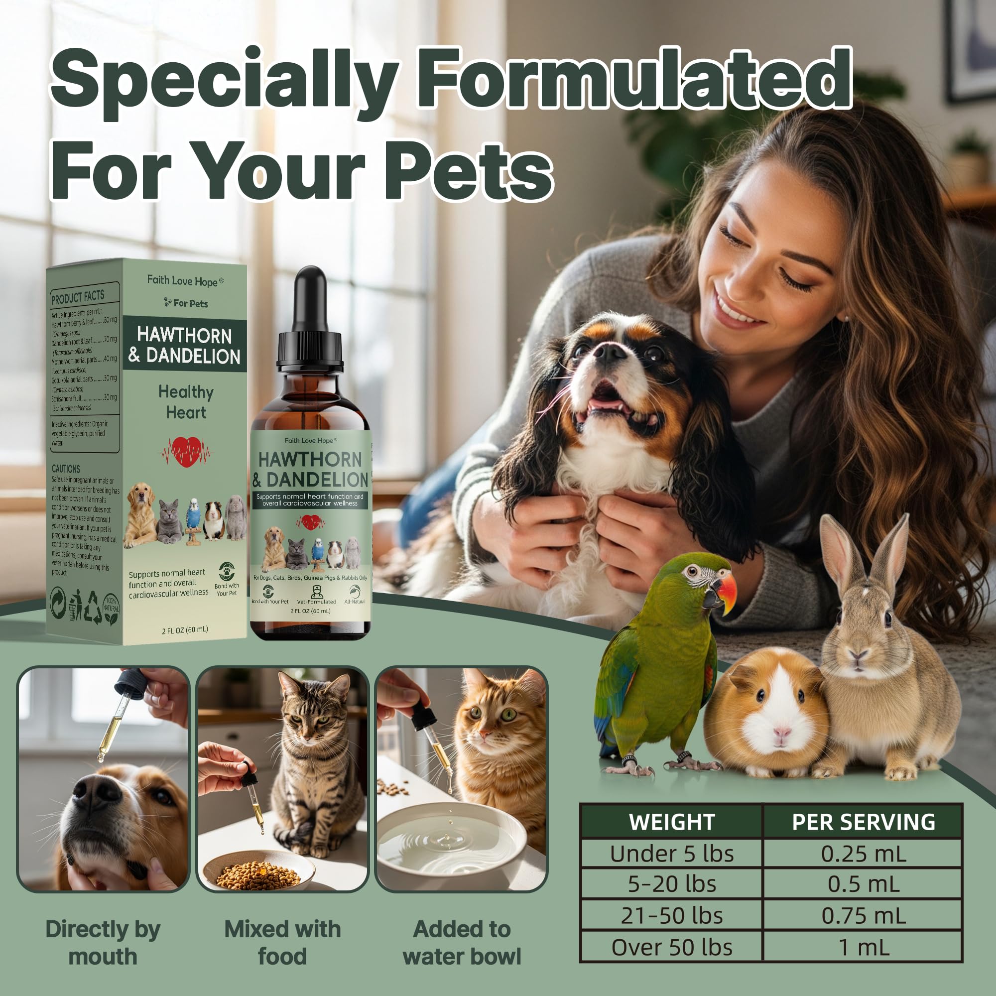 Faith Love Hope Hawthorn Herbal Supplement for Dogs serving suggestion