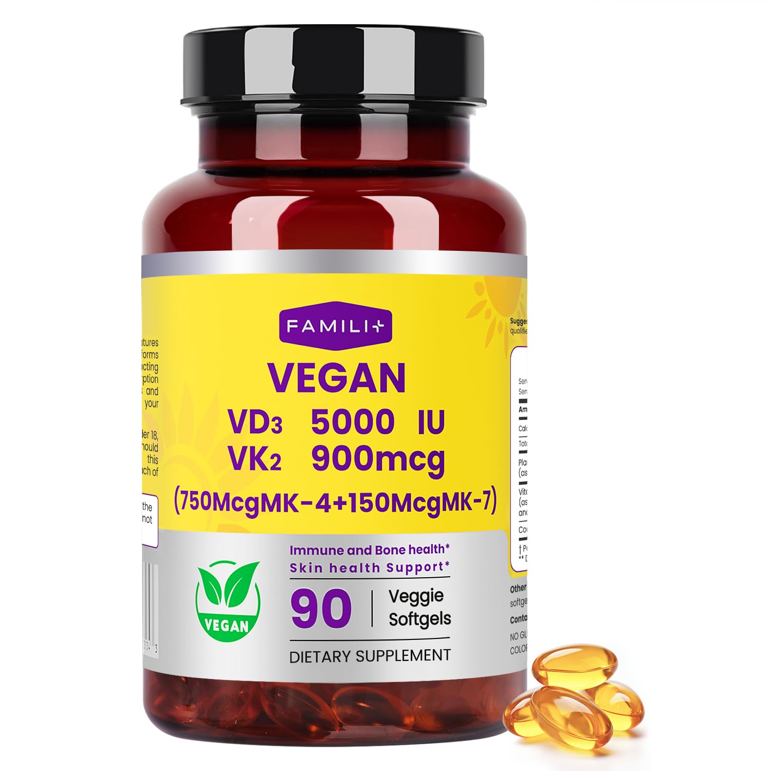 FAMILI+ Vitamin D3 K2 Coconut MCT Oil 5000 IU capsules front view
